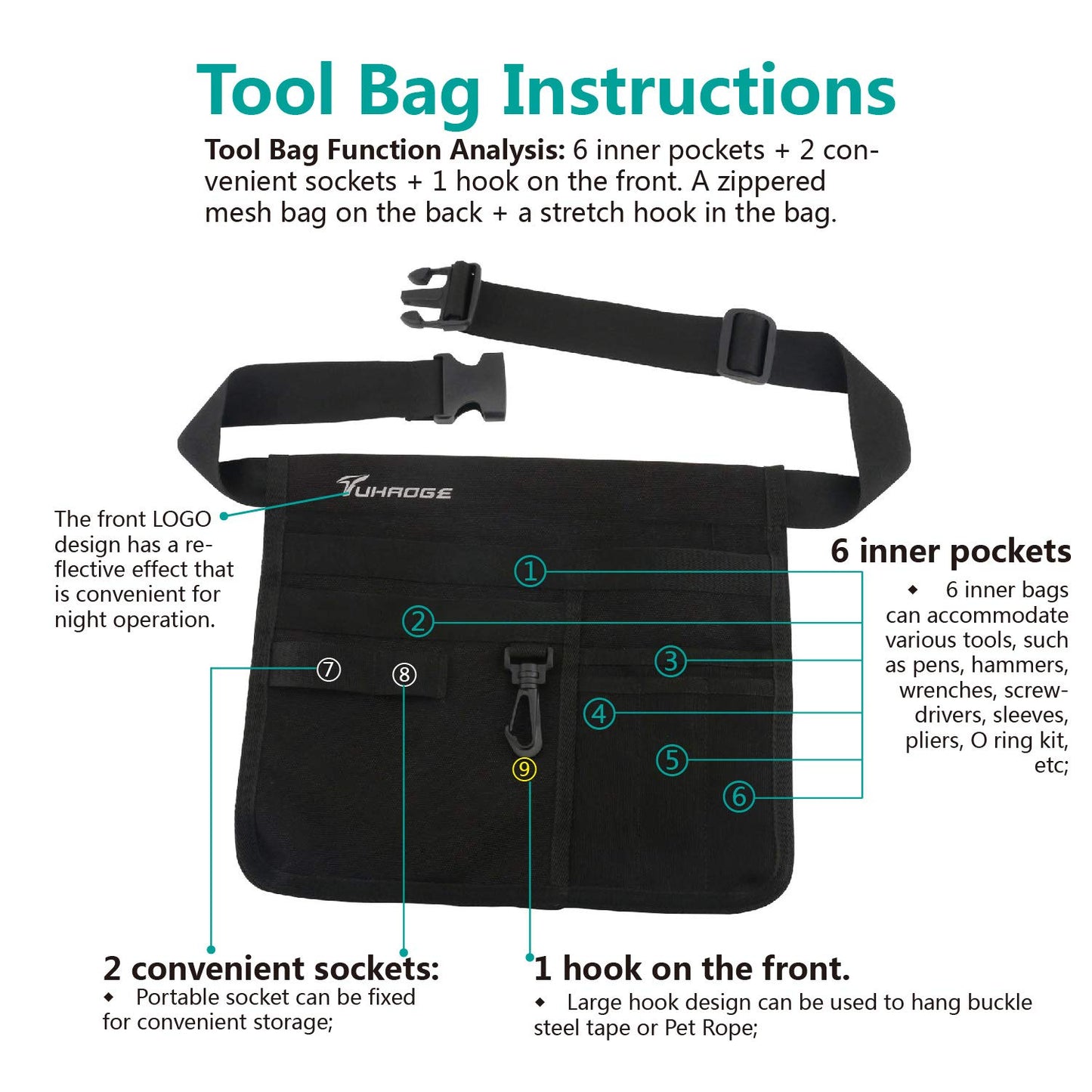 Electrican's Pouch Tool Belt Pouch for with Many Pockets for Maintenance Tool Bag Tool belt (black)