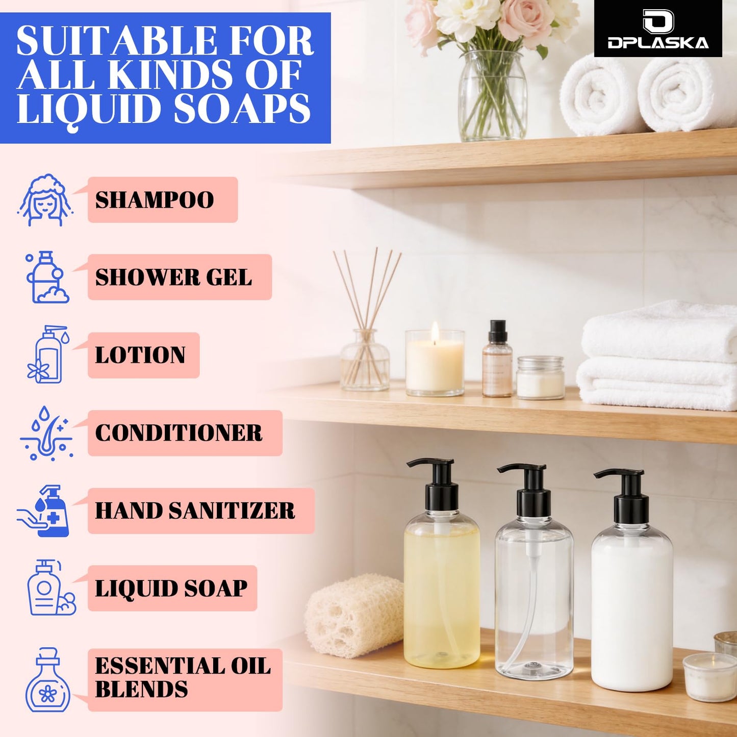 3 Packs Pump Bottle 16oz Empty Shampoo and Conditioner Bottles for Body Wash Lotion Clear Bottle Dispenser with Black Pump
