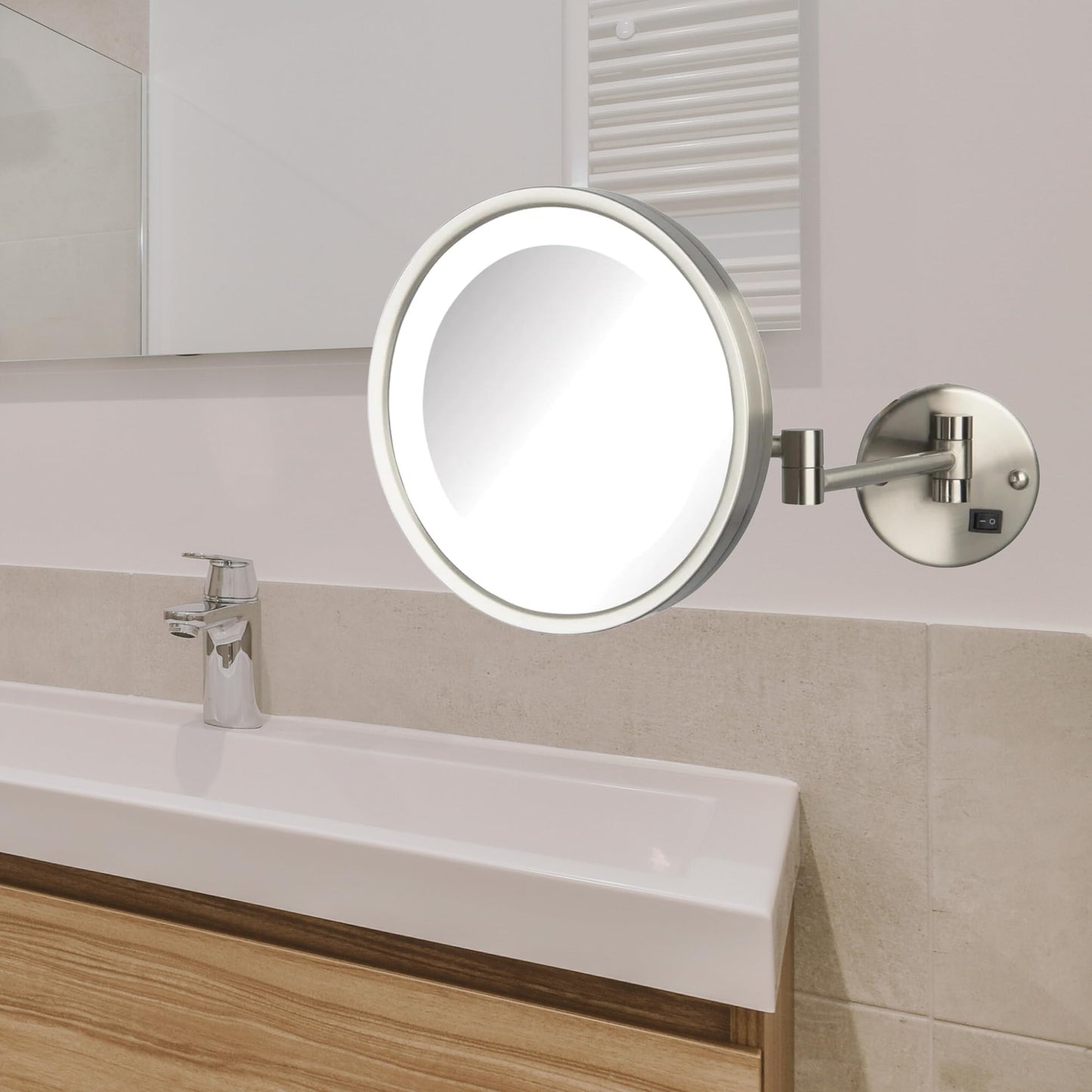 JERDON Lighted Makeup Mirror - Hard Wired Wall Mount Magnifying Mirror with LED Lights - Brushed Nickel Finish - 9.5-Inch Diameter - Model HL1016NLD