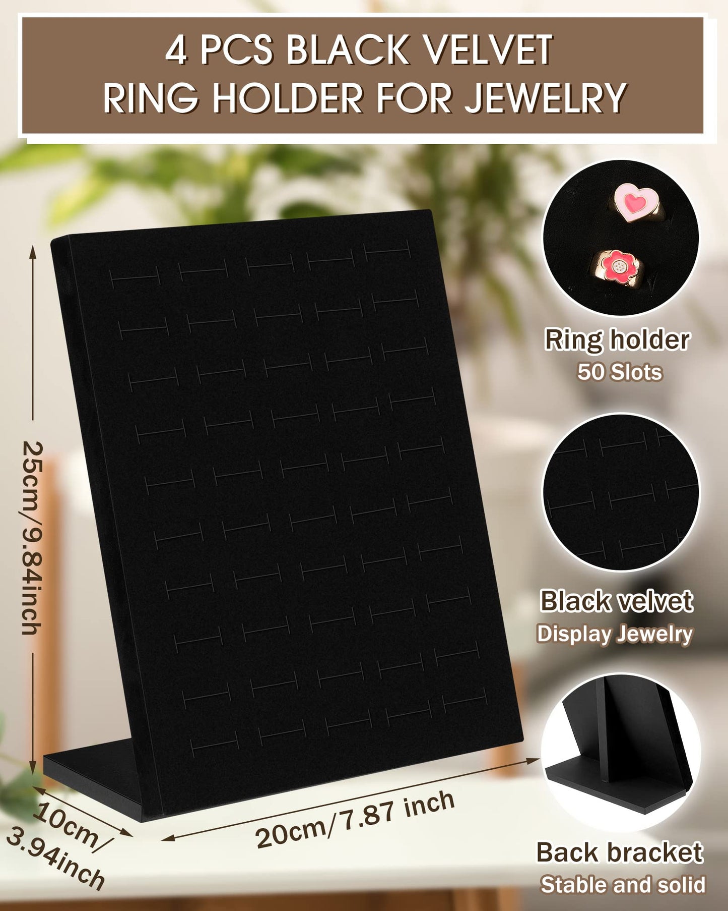 Henoyso 4 Pcs Velvet Ring Display 50 Slots L-Shaped Ring Display Stand Tray Holder for Selling Earring Jewelry(Black)