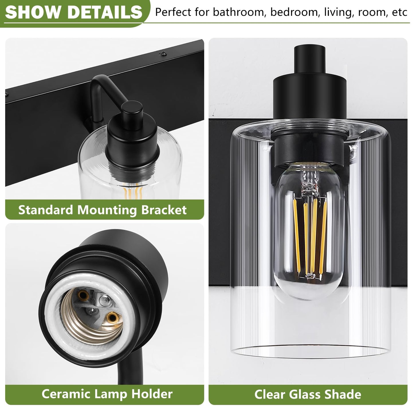 Dpyrrhic Matte Black 2-Light Bathroom Lights Over Mirror with Clear Glass Shade, Modern Bathroom Light Fixtures for Kitchen Living Room Bedroom Laundry Room