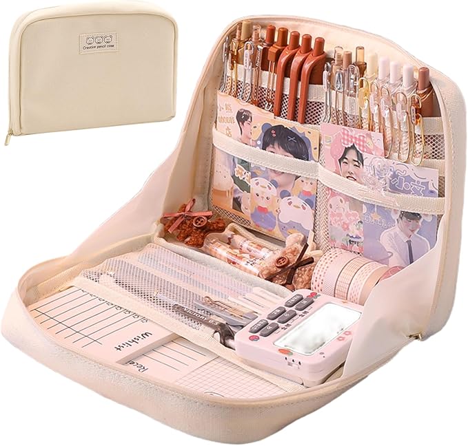 Pencil Case Pouch Box Cute Kawaii Large Capacity Aesthetic Zipper Pen Holder Organizer Bag for Office Workspace Supplies Desk Accessories Travel (Light Grey)