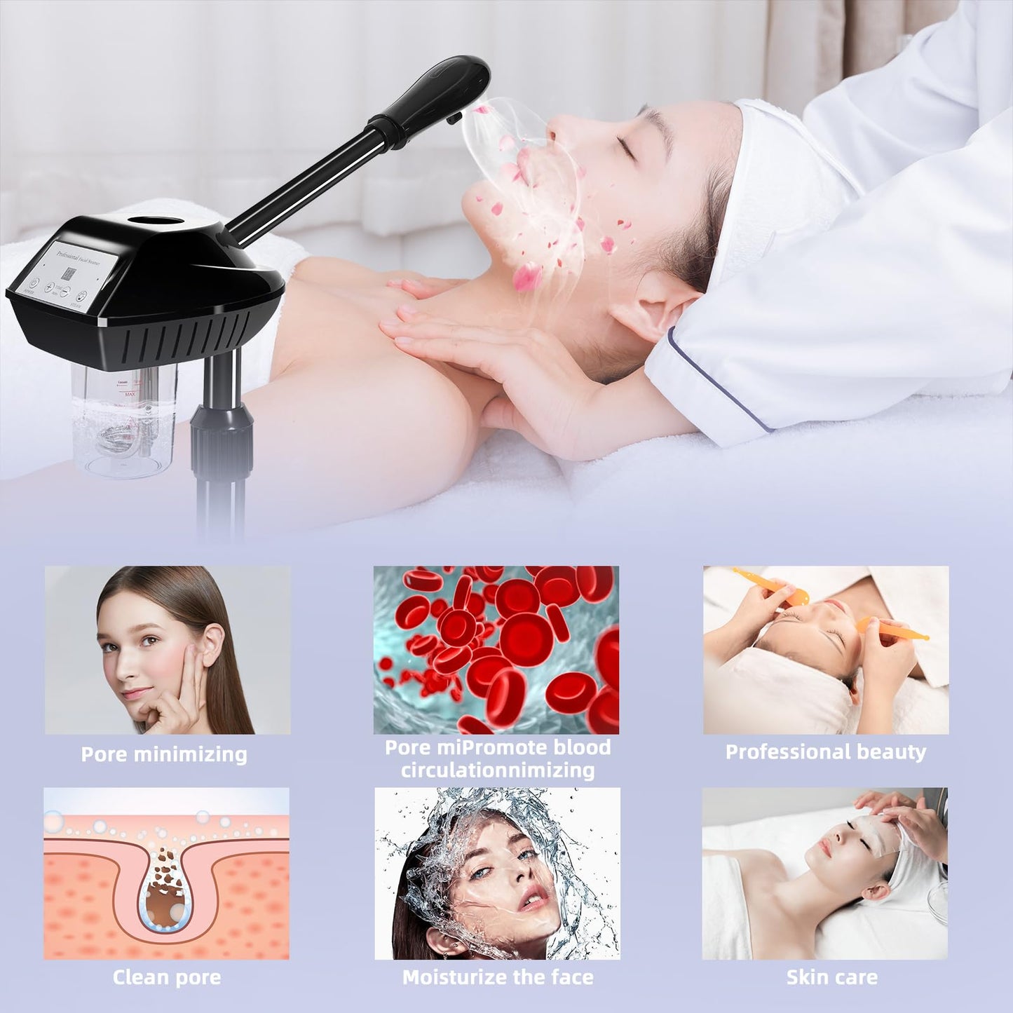 Retain time Rollable Facial Steamer with Powerful Steam Output, Adjustable Height Face Steamer, Professional Skin Hydrating Moisturizing Spa Machine for Home & Beauty Salon Use