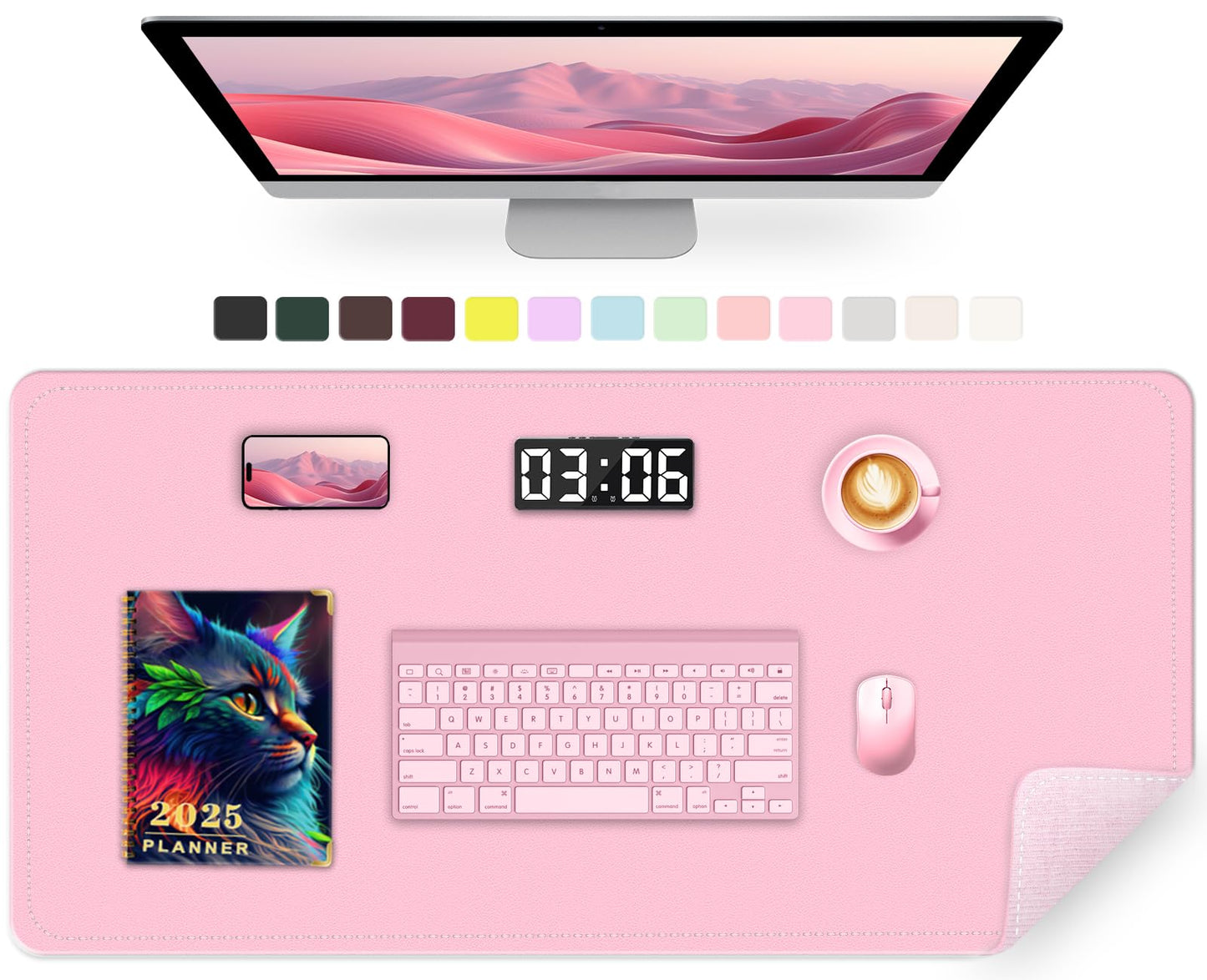 PU Leather Desk Pad Protector, Non-Slip Large Mouse Pad & Keyboard Mat, Waterproof Office Desk Mat, 35.4" x 17", Fairy Tale Pink