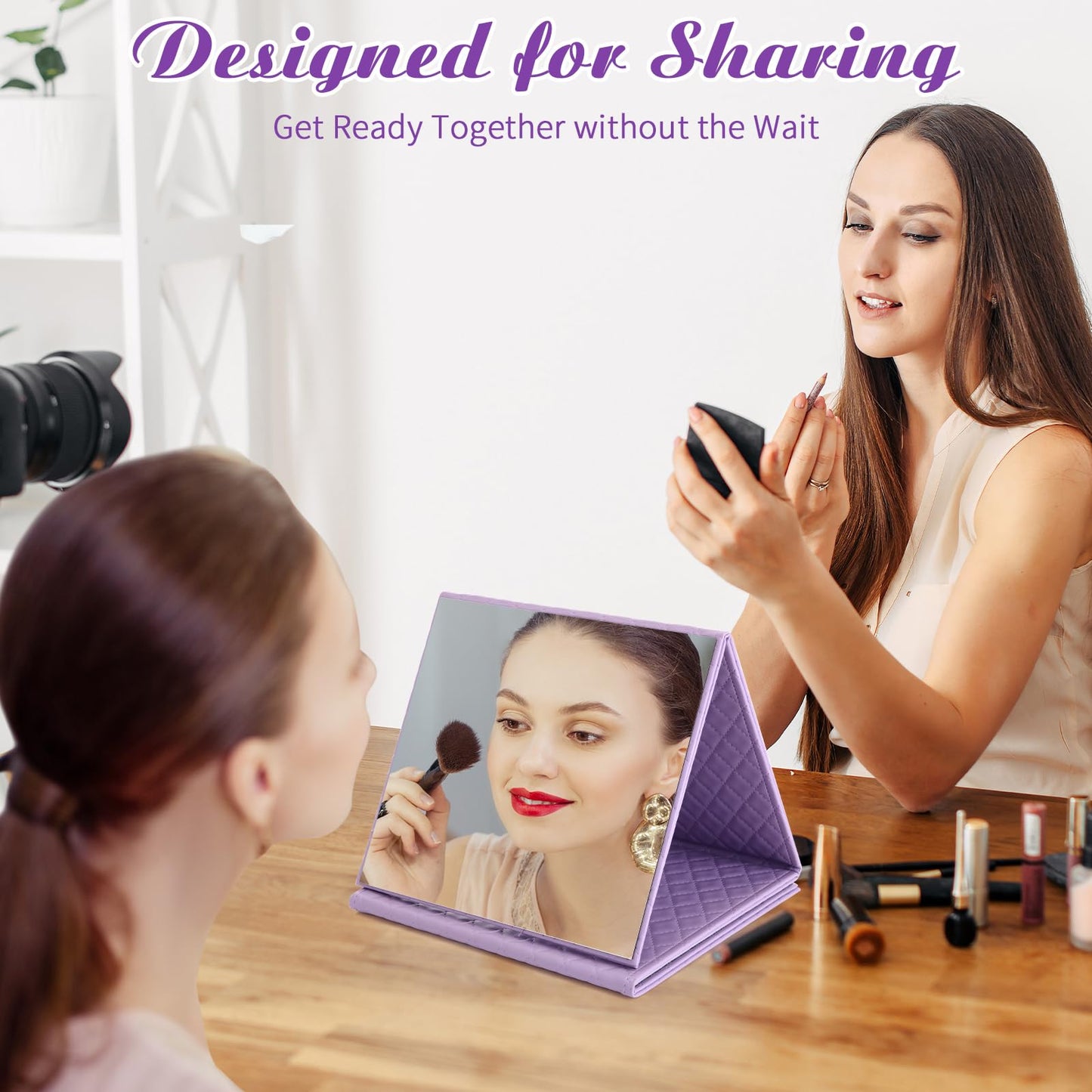 Burbell 3 Way Foldable Full Length Mirror with Handle Leather 31.89 x 11.22 Inches Portable Hanging Travel Mirror Rectangular for Makeup Dance Home Fitness Spa Hair Styling(Purple)