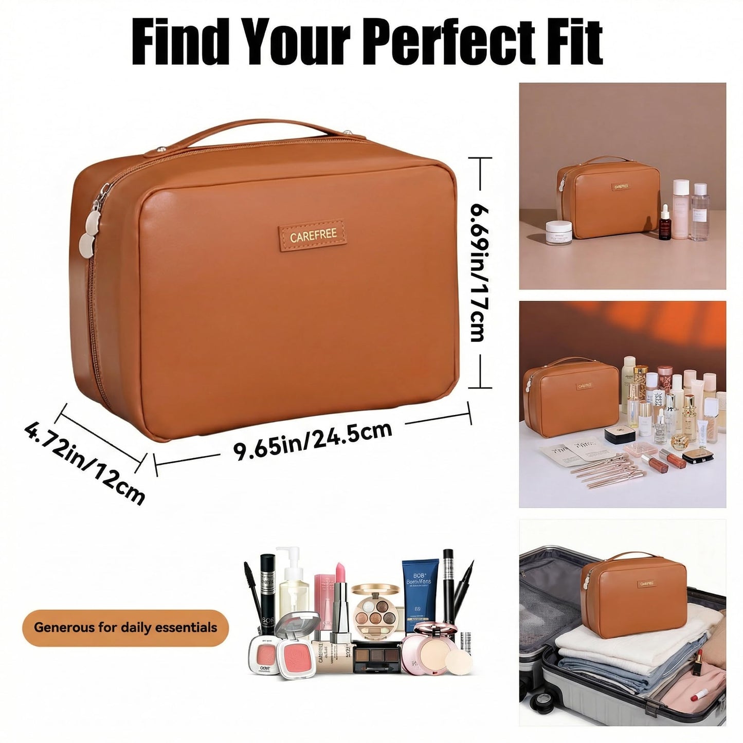 AUCCNT Travel Makeup Bag, Large Capacity Cosmetic Bags for Women, Waterproof Portable Pouch Open Flat Toiletry Bag Make up Bag (Brown)