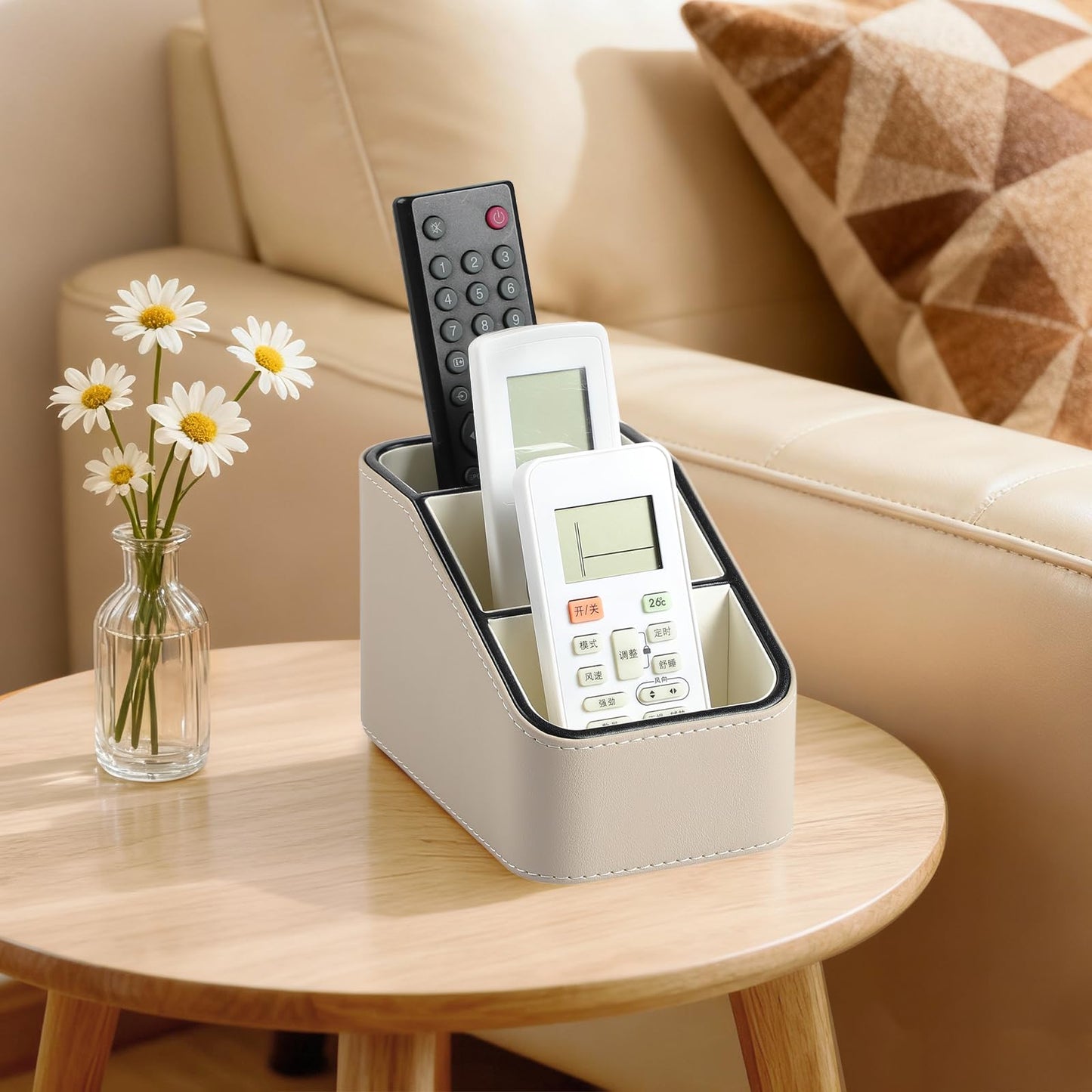 NICLNGSH PU Leather Remote Control Holder, Small Desk Organizer Office Supply Bedside Caddy for Nightstand End Table Couch, Pen Remote Organizer with 3 Compartments (Beige)