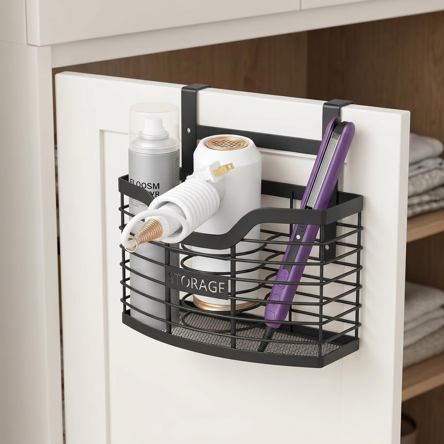 KIMERSE Hair Tool Organizer, Stainless Steel Hair Dryer Holder for Dresser, Bathroom Countertop & Cabinet Door, Wall Mount Storage Basket for Holding Hairdressing Curler, Blow Dryers, Shaver, Comb