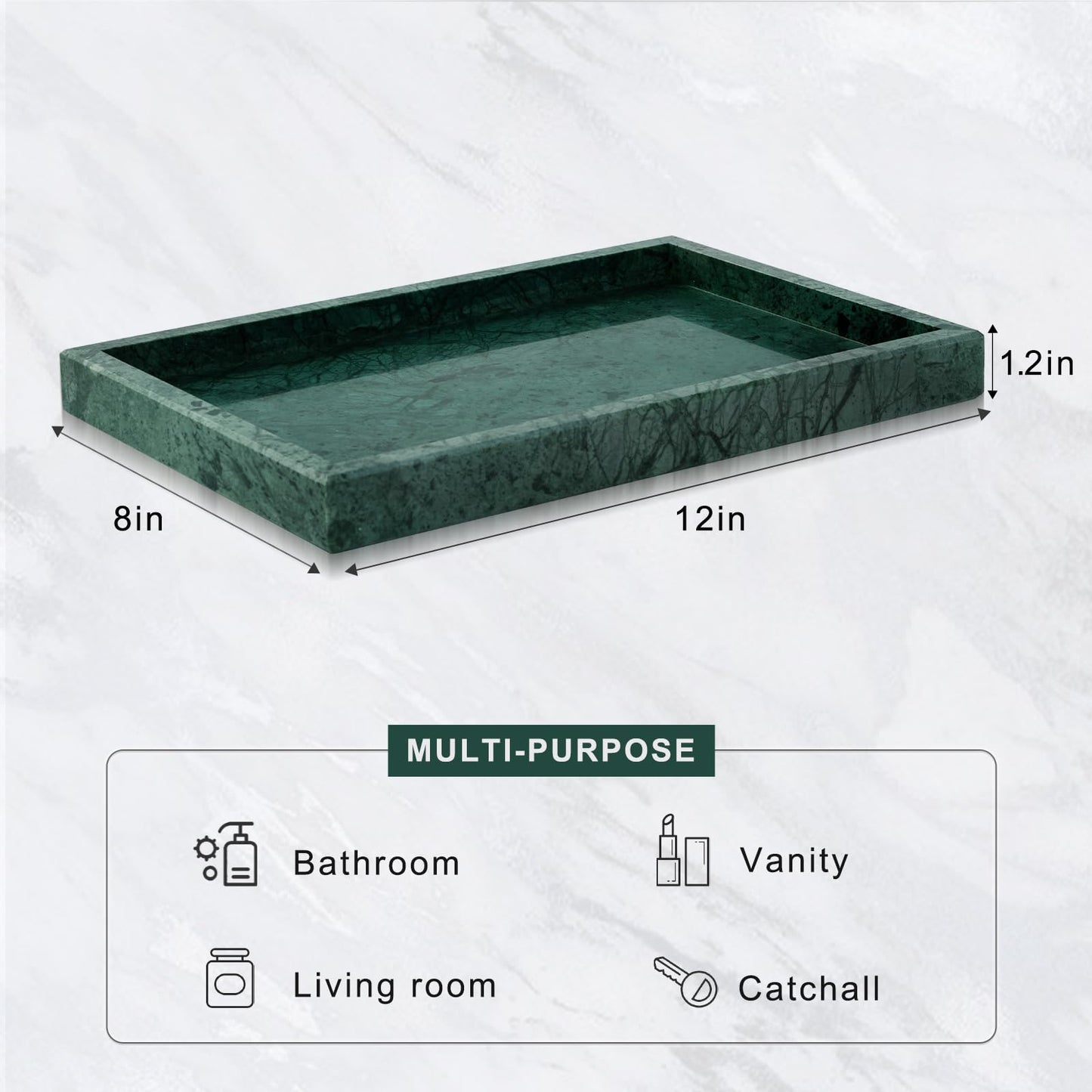 Homaura Marble Bathroom Tray for Countertop & Home Decor, Natural Decorative Marble Tray for Jewelry & Perfume Organizer, Luxury Stone Vanity Trays for Dresser, Kitchen Counter, 12" x 8", Green