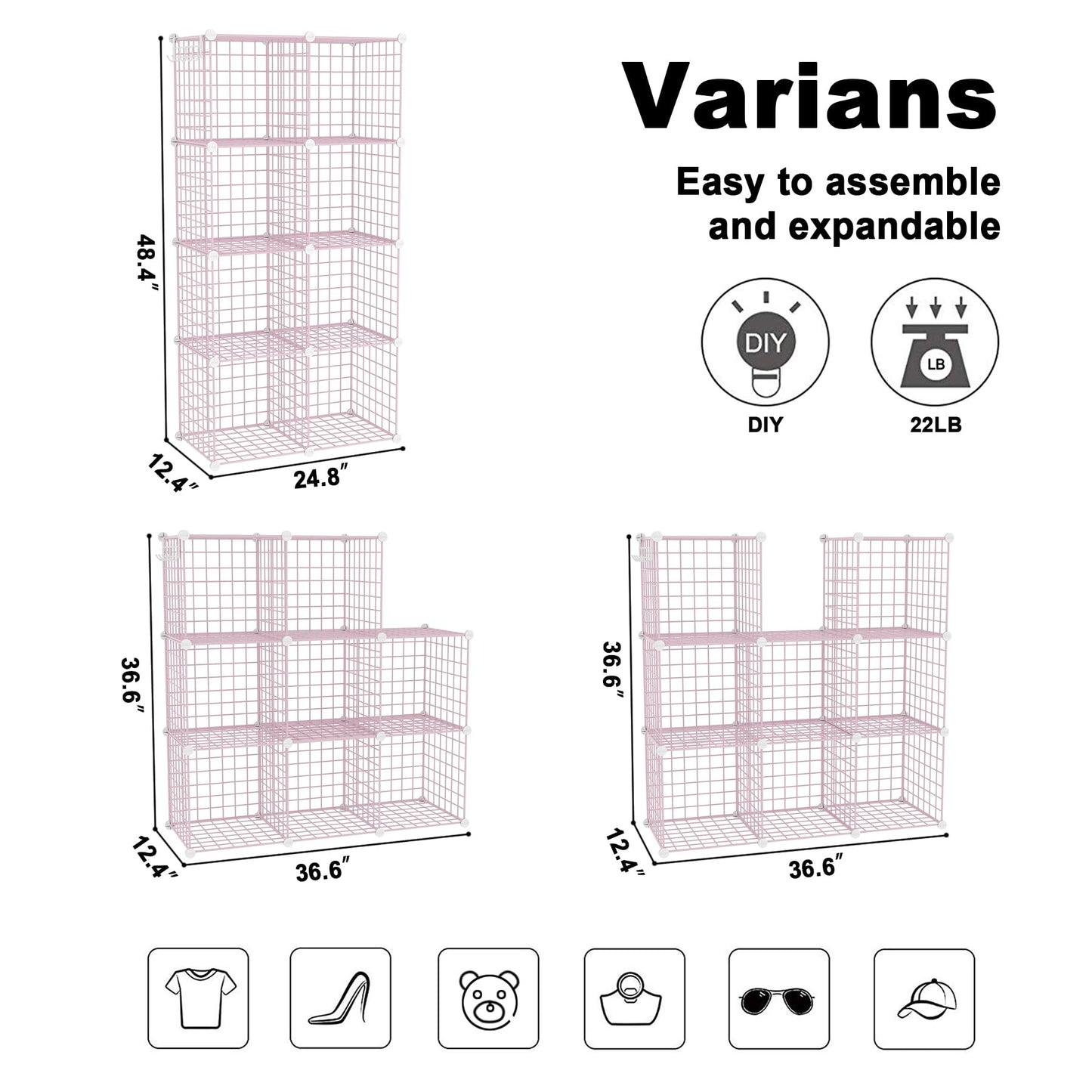 C&AHOME Wire Cube Storage, 8 - Cube Organizer Metal C Grids, Modular Shelves Units, Closet Organizer, Ideal for Home, Office, Living Room, 24.8" L x 12.4" W x 48.4" H, Pink UWCS3008P
