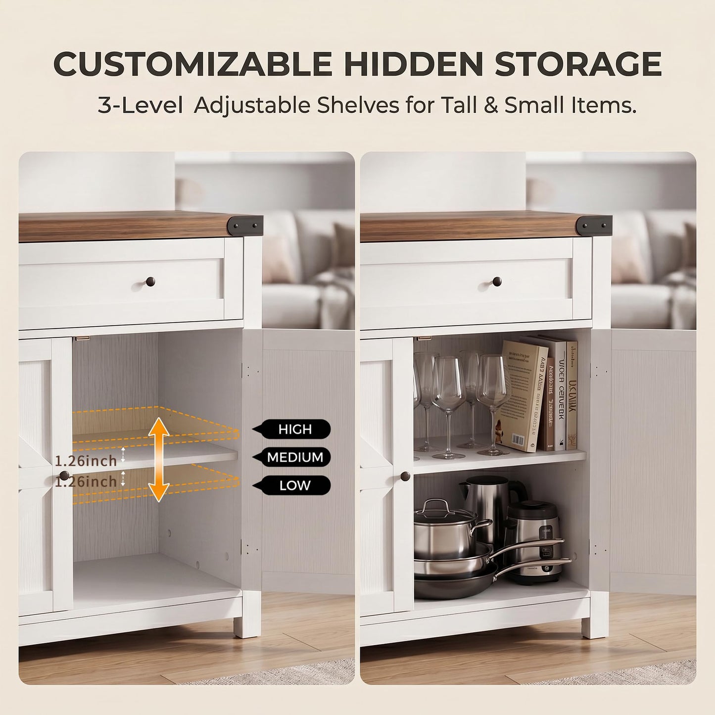 YESHOMY Kitchen Storage Cabinet, Coffee Bar Cabinet, Farmhouse Sideboard Buffet with Storage, Barn Door Accent Cabinet with a Drawer and Adjustable Shelf for Dining Room, Entryway, White&Brown, 1PCS