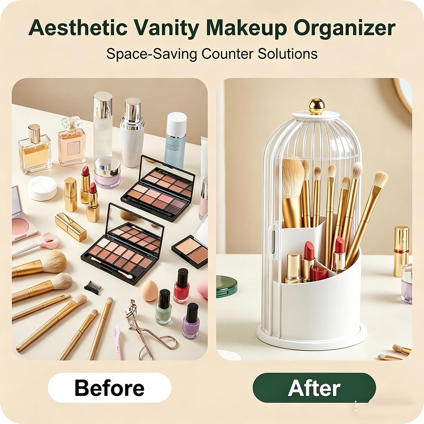 sagact Makeup Brush Holder with Lid 360° Rotating 3-Compartment Makeup Organizers for Vanity, Waterproof & Dustproof Cosmetic Storage Box for Dressing Table (Transparent White)