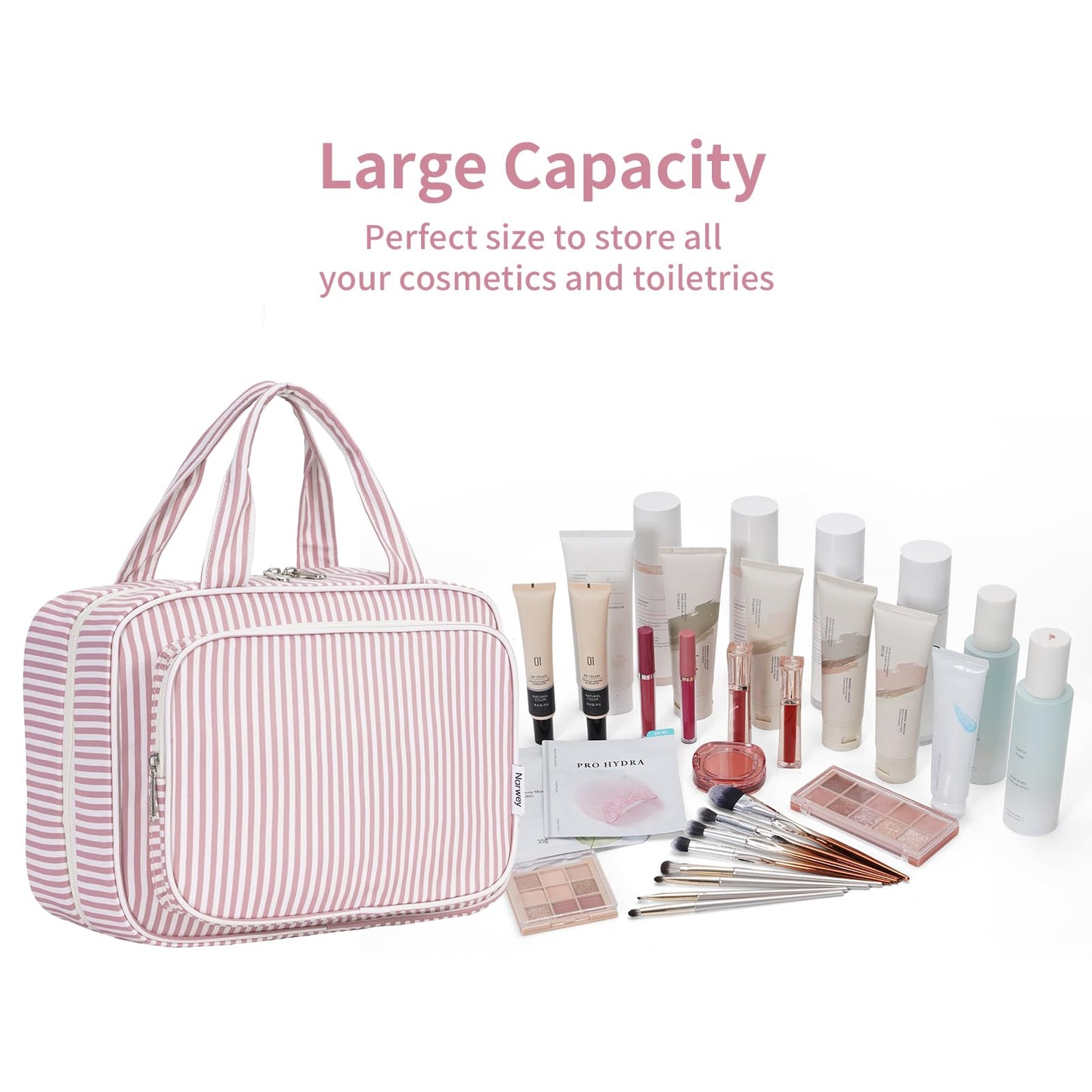 Narwey Striped Travel Toiletry Bag for Women Large Hanging Makeup Bag Organizer Toiletries Bag for Full Size Essentials Accessories Cosmetics (Dusty Pink Stripe (Large))