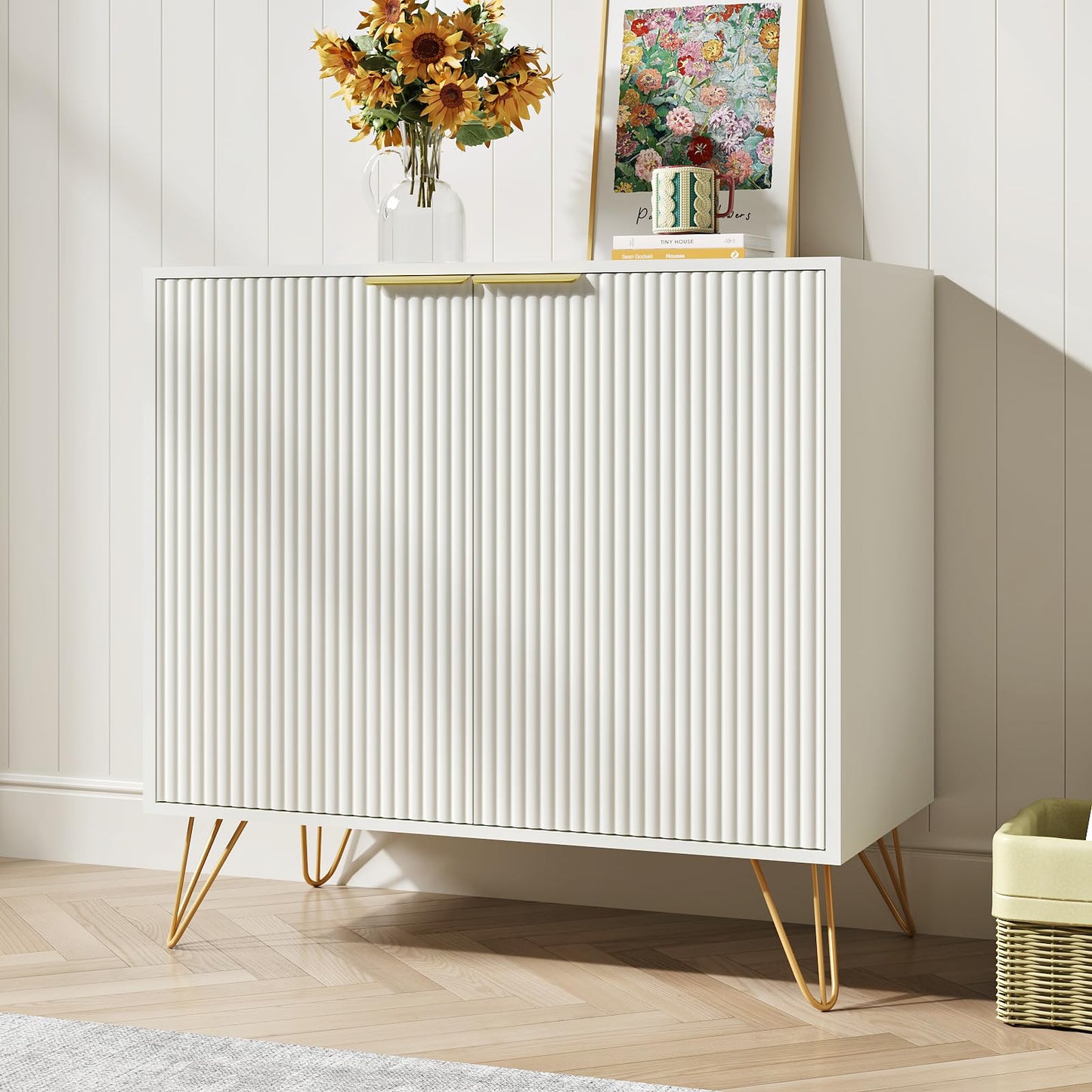 NOVAMAISON White Buffet Cabinet with Storage - Fluted White and Gold Cabinets with 2 Doors and Adjustable Shelf, Modern Accent Cabinet Console Coffee Bar Table for Kitchen, Entryway, Office