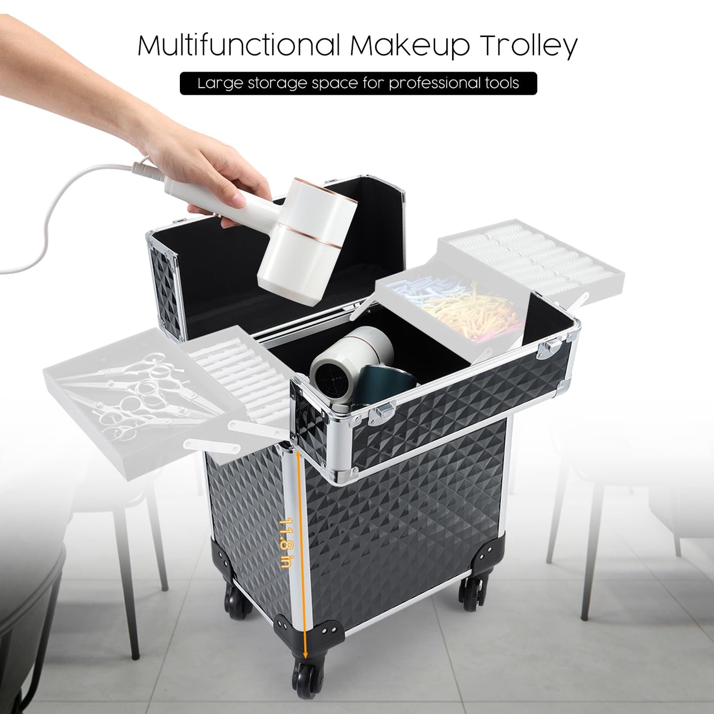 Mecucasi Rolling Makeup Train Case Large Cosmetic Trolley Organized Aluminum Barber Case for Hairstylist Makeup Nail Tech Salon with Keys Swivel Wheels Traveling Cart Trunk - Black