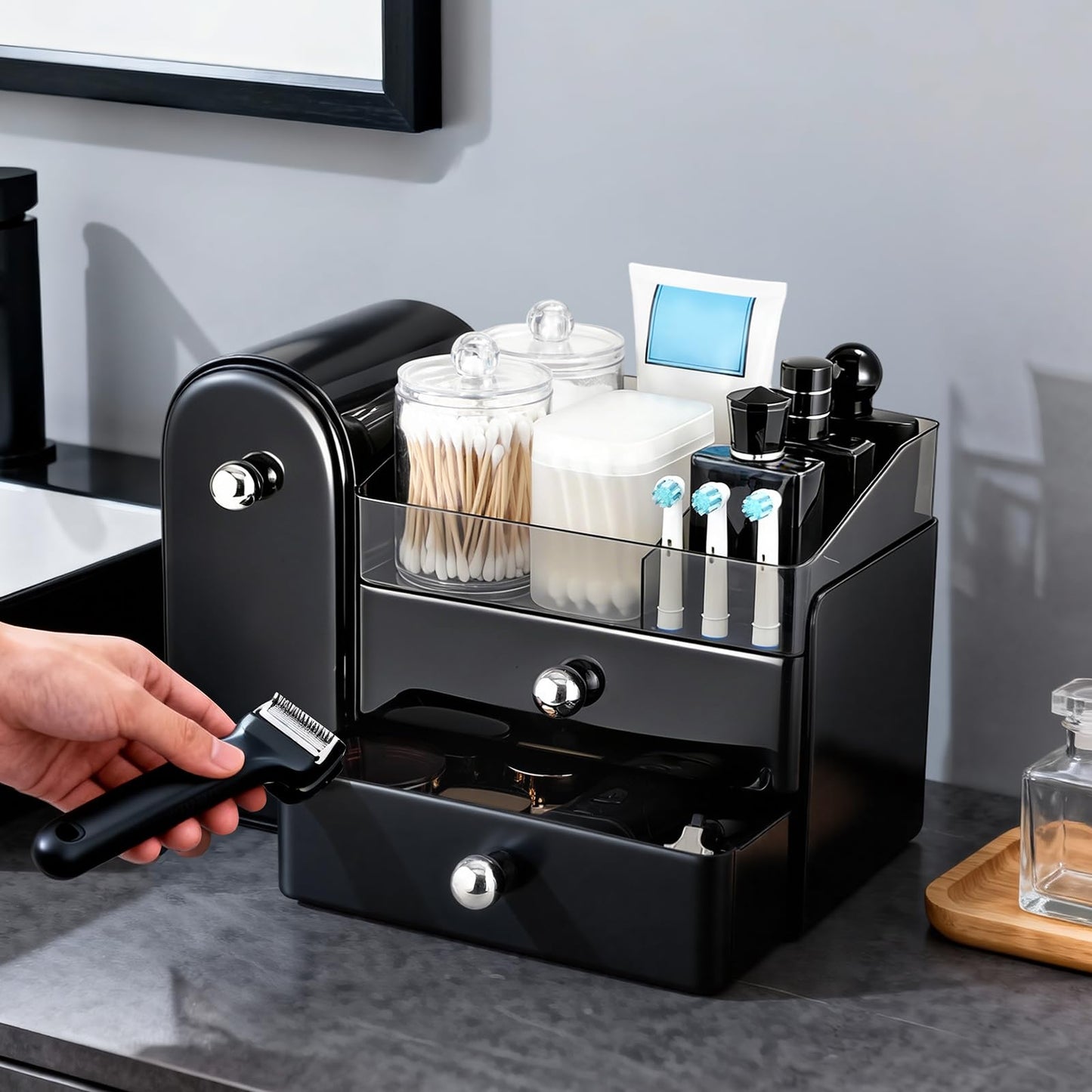 TRQWRO Makeup Organizer,Vanity Organizer with Makeup Brush Holder,Large Skincare Organizers with Drawers,Bathroom Countertop Organizer,Storage Lipstick,Perfume,Nail Polish,Beauty,Gifts for Woman