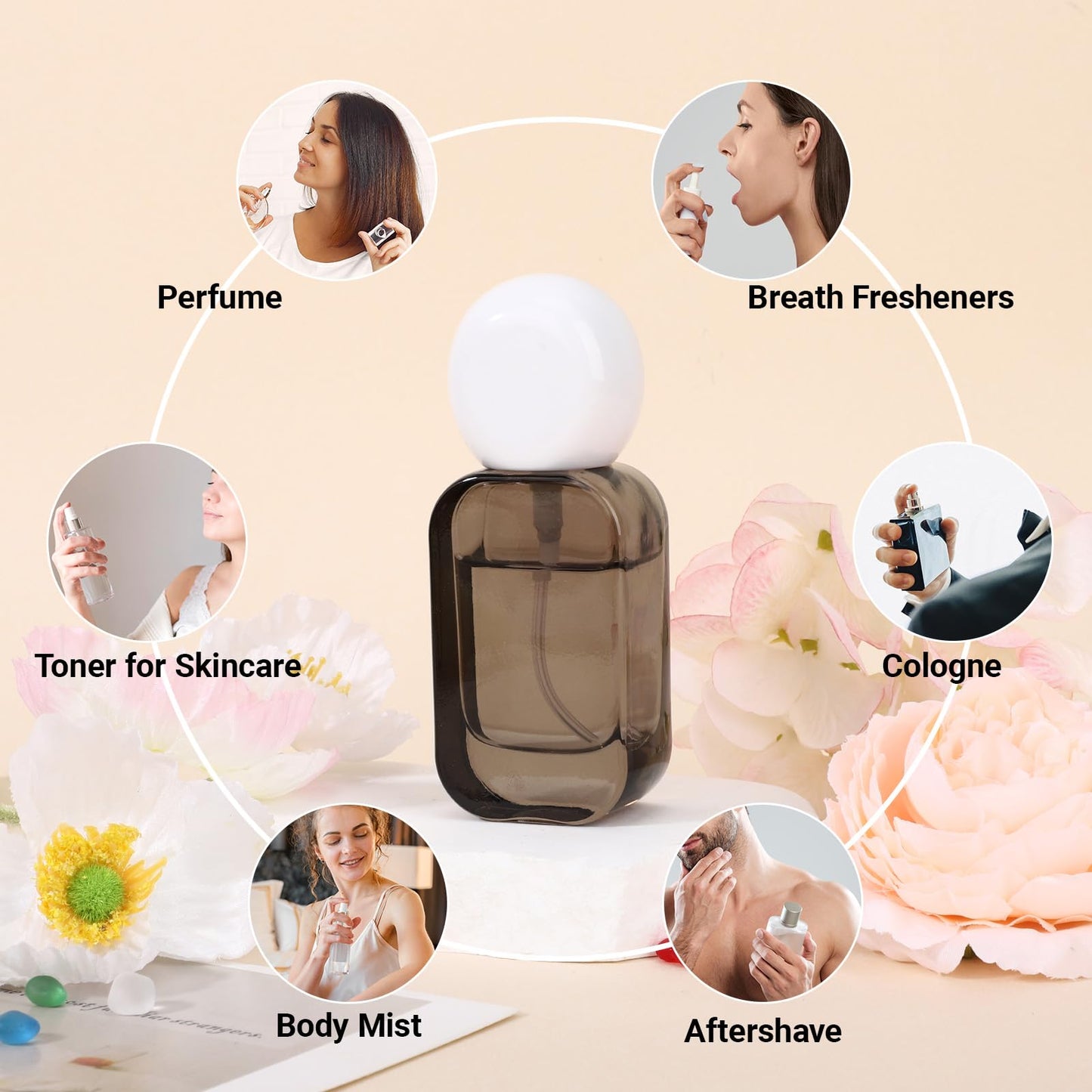 Segbeauty 1oz Fine Mist Glass Travel Perfume Spray Pump Bottles, 2pcs Square Black Refillable Perfume Atomizer with Round Cap, 30ml Empty Cologne Bottle Set, Portable Liquids Container for Travel