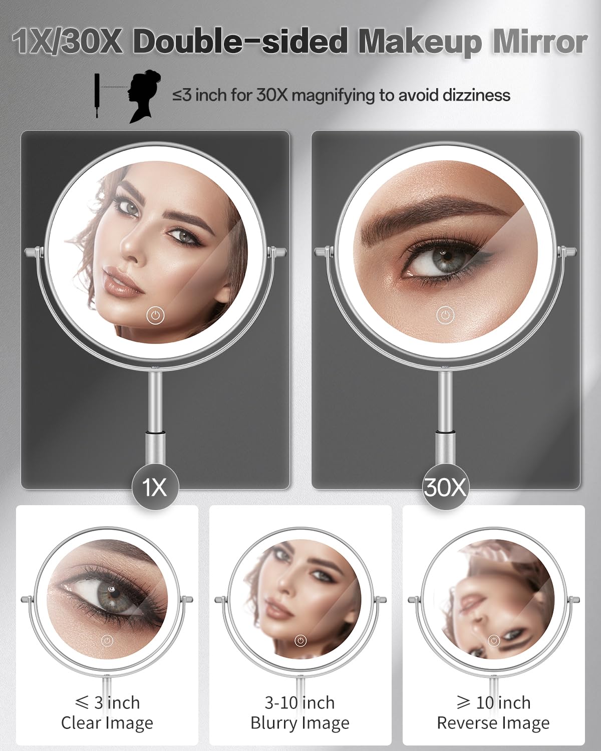 VFD 30X/1X Makeup Mirror with Lights, Height Adjustable Lighted Magnifying Vanity Mirror with 3 Lighting and Adjustable Brightness, 3000mAh Rechargeable Double Sided Switch for Desk Women Gift