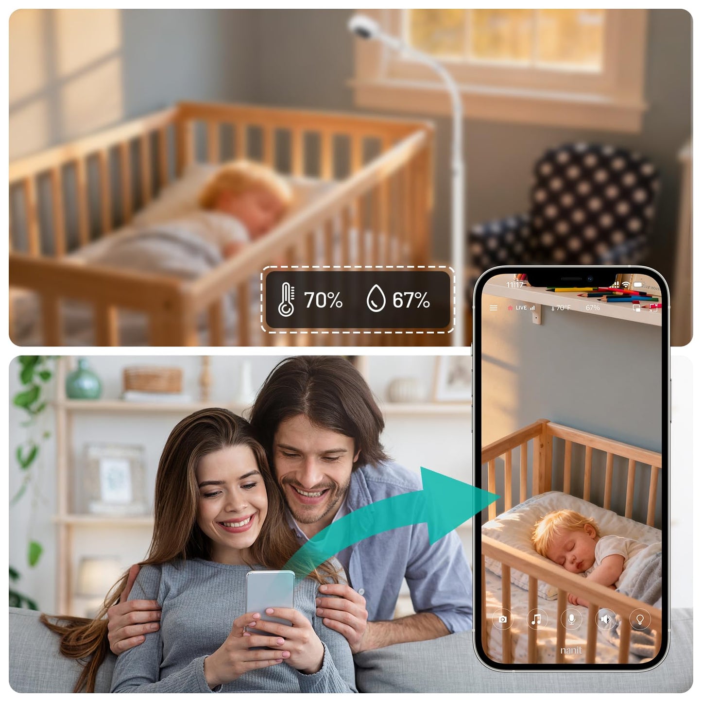 tihii Floor Stand for Nanit Pro Baby Monitor, Gooseneck Swivel Holder Mount with Adjustable Height, Stable Base & Temperature & Humidity Display – No Tools or Wall Damage (Camera Not Included)