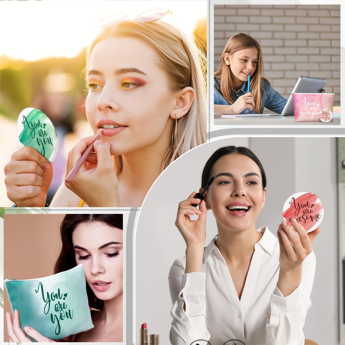 Vercraft 60 Pcs Employee Appreciation Gift for Women Inspirational Canvas Makeup Bag Portable Compact Mirror Bulk Cosmetic Bag Thank You Party Favor for Women Coworker Nurse (Inspiration,Pastel)
