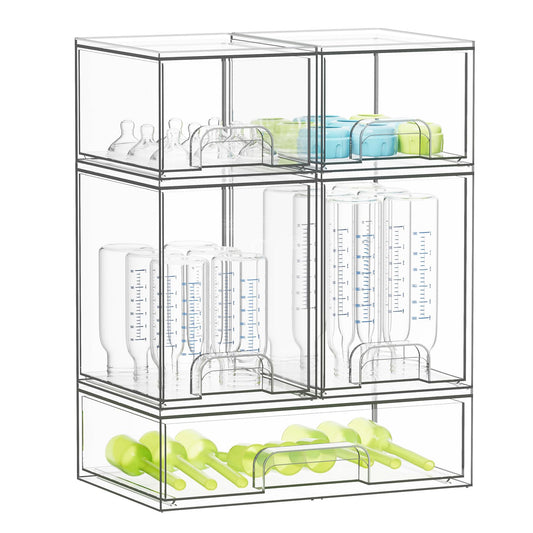 SpaceAid Bottle Storage Organizer Baby - Acrylic Bottles Station Organizer Container, Stackable Clear Drawers for Countertop, Vanity, Bathroom, Cabinet, Pantry Organization, 5 Pack, 2S2M1L, 15.4"H