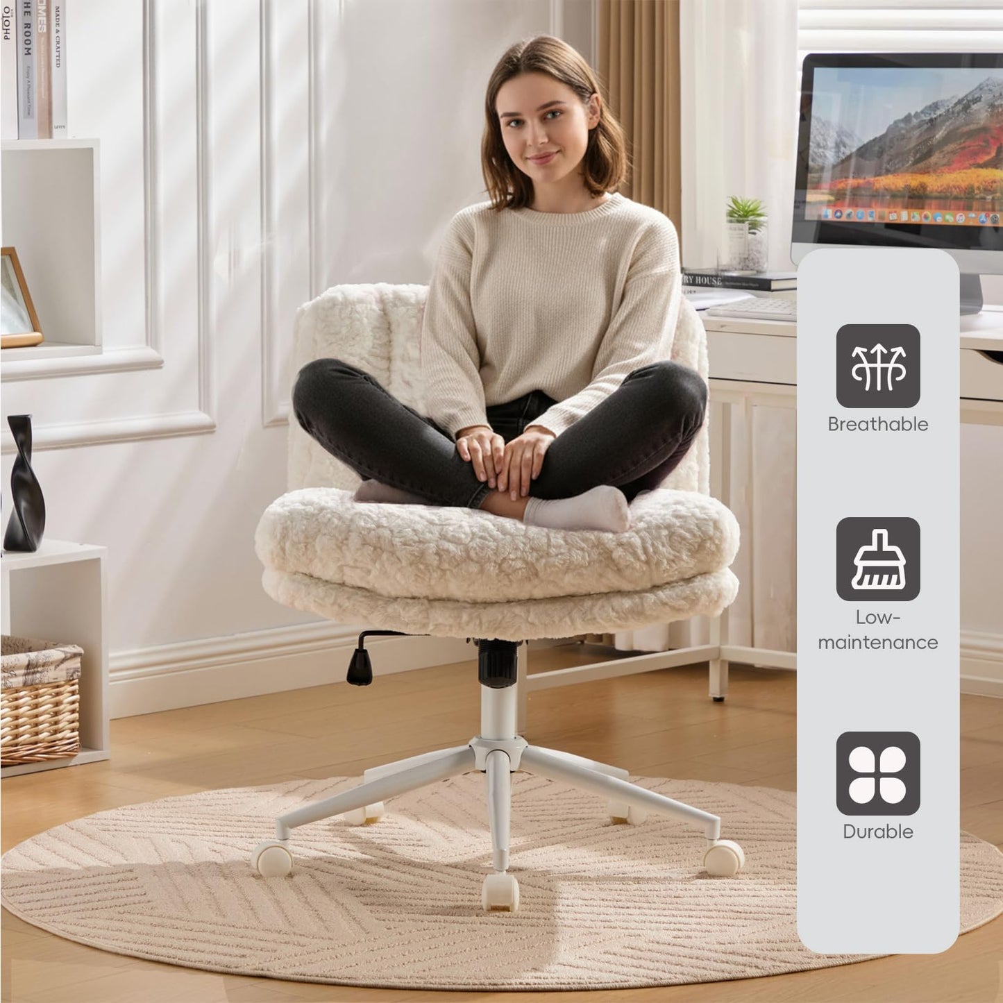 KIUMU Upgraded Plush Faux Fur Criss Cross Office Vanity & Desk Chair with White Metal Base – Extra-Wide Seat & Tilt Backrest, Adjustable Swivel Makeup Chair for Bedroom, Study & Home Office, Cream