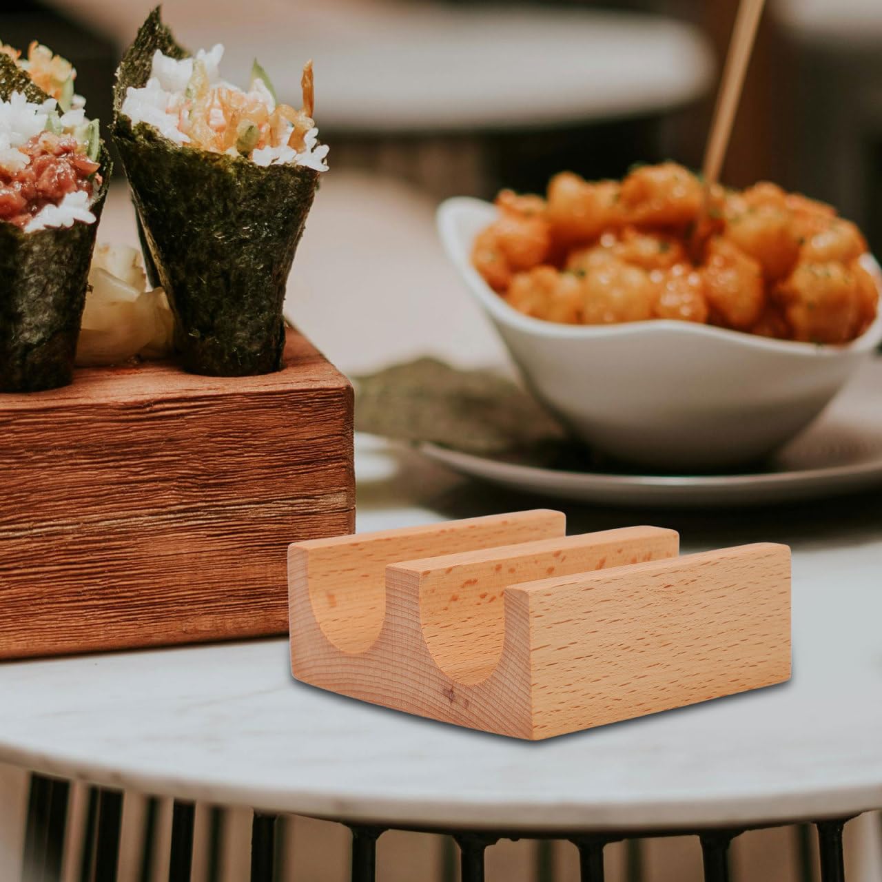 Cabilock Wooden Sushi Taco Holder, 2-Slot U-Shaped Hand Roll Stand, Japanese Temaki Display Rack for Home Kitchen & Restaurant, Authentic Sushi Roll Serving Tray & Sashimi Presentation Plate