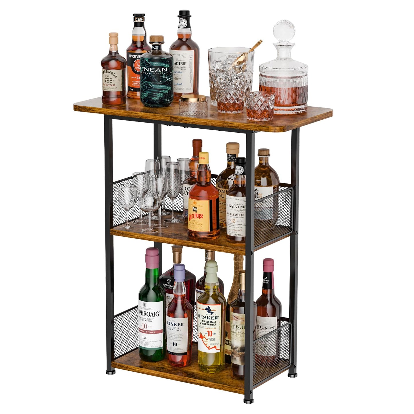 Eyteenokk Freestanding Wine Rack,3-Tier Small Mini Bar Table Liquor Cabinet with T-Shaped Countertop,Rustic Wood Metal Floor Wine Bottle Storage Stand for Home Bar Corner-23.62 x 9.44 x 27.67inches