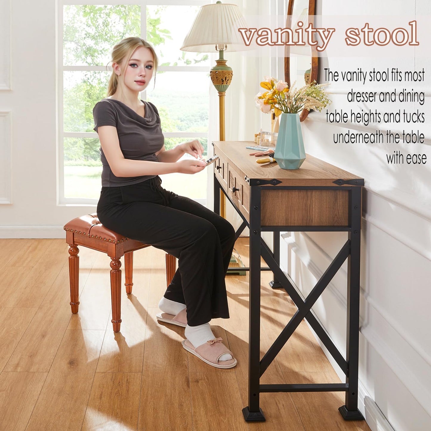 KUKEJCM Microfiber Leather Vanity Stool for Makeup,Solid Wood Carvied Vanity Bench Seat,Convertible Piano Stool and Dining Table Chair with Padded Ottoman,Classic Dressing Table Chair for Bedroom