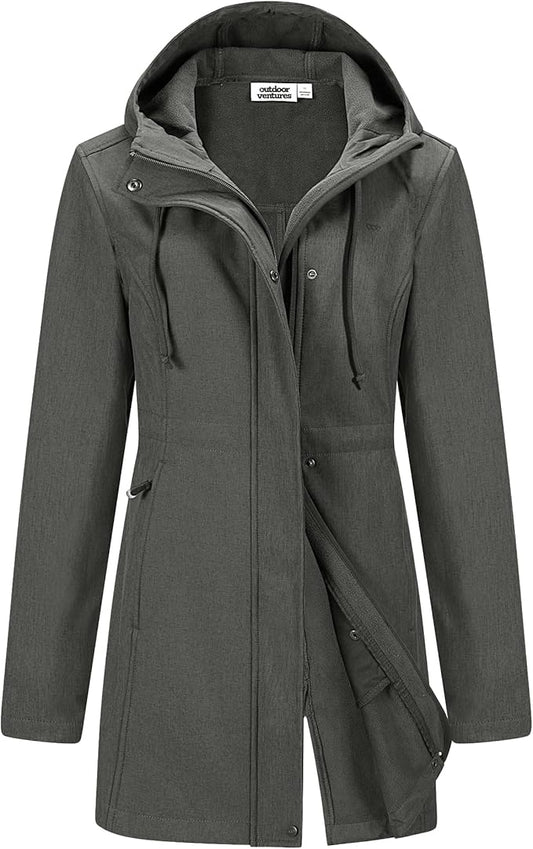 Outdoor Ventures Women's Lightweight Waterproof Fleece Lined Hooded Softshell Rain Jacket, Warm Windbreaker Long Coat