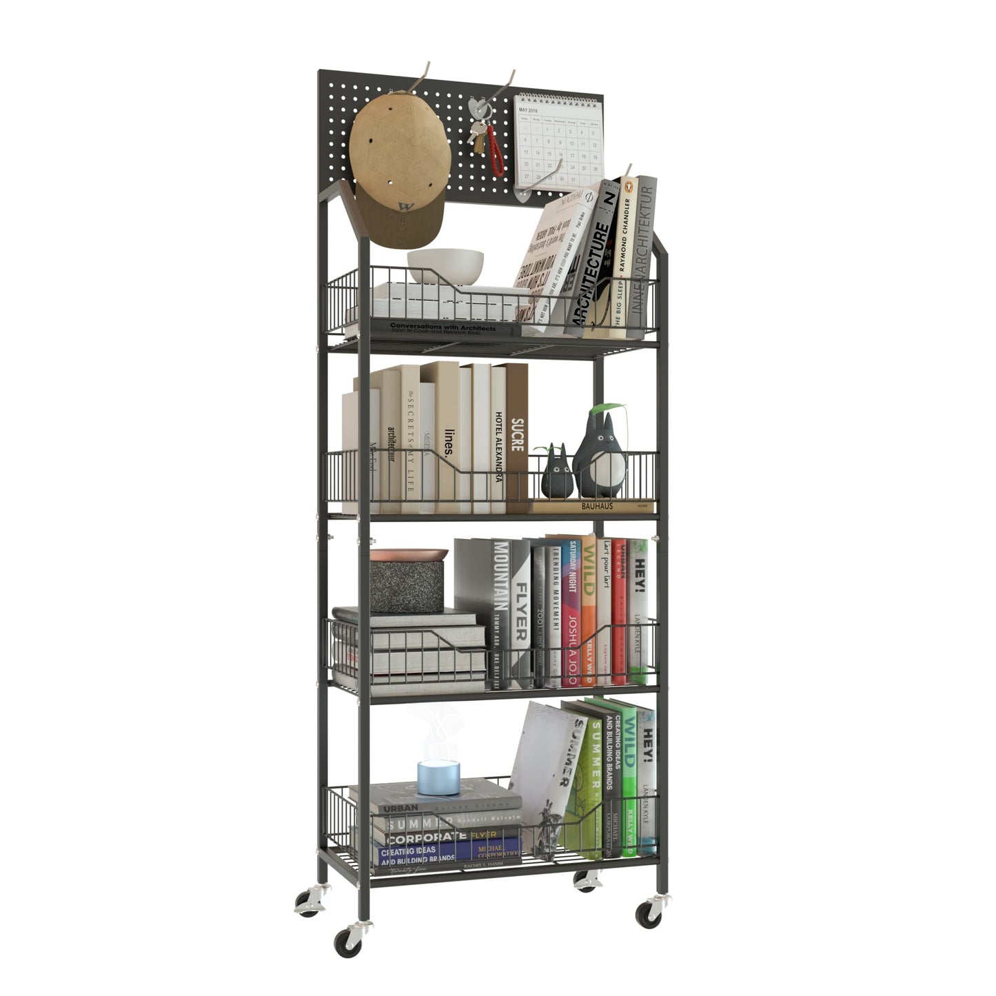 Fitzkor 4 Tier Supermaket Storage Rack, Snack Rack Display Stand, Retail Display Organizer Stand with Hooks & Wheels, Metal Snack Shelf for Store Home Kitchen, Black Chip Rack Display Stand (4 Tier)