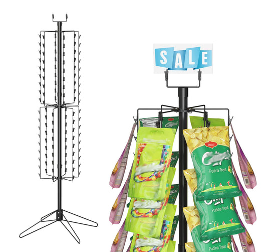 tonchean Rotating Retail Display Stand Racks 108 Clips, Spinning Potato Chip Snack Rack Display Stand with Sign Holder, 2 Tier Snack Shelf Organizer, Chip Bag Holder Snack Display Rack for Party