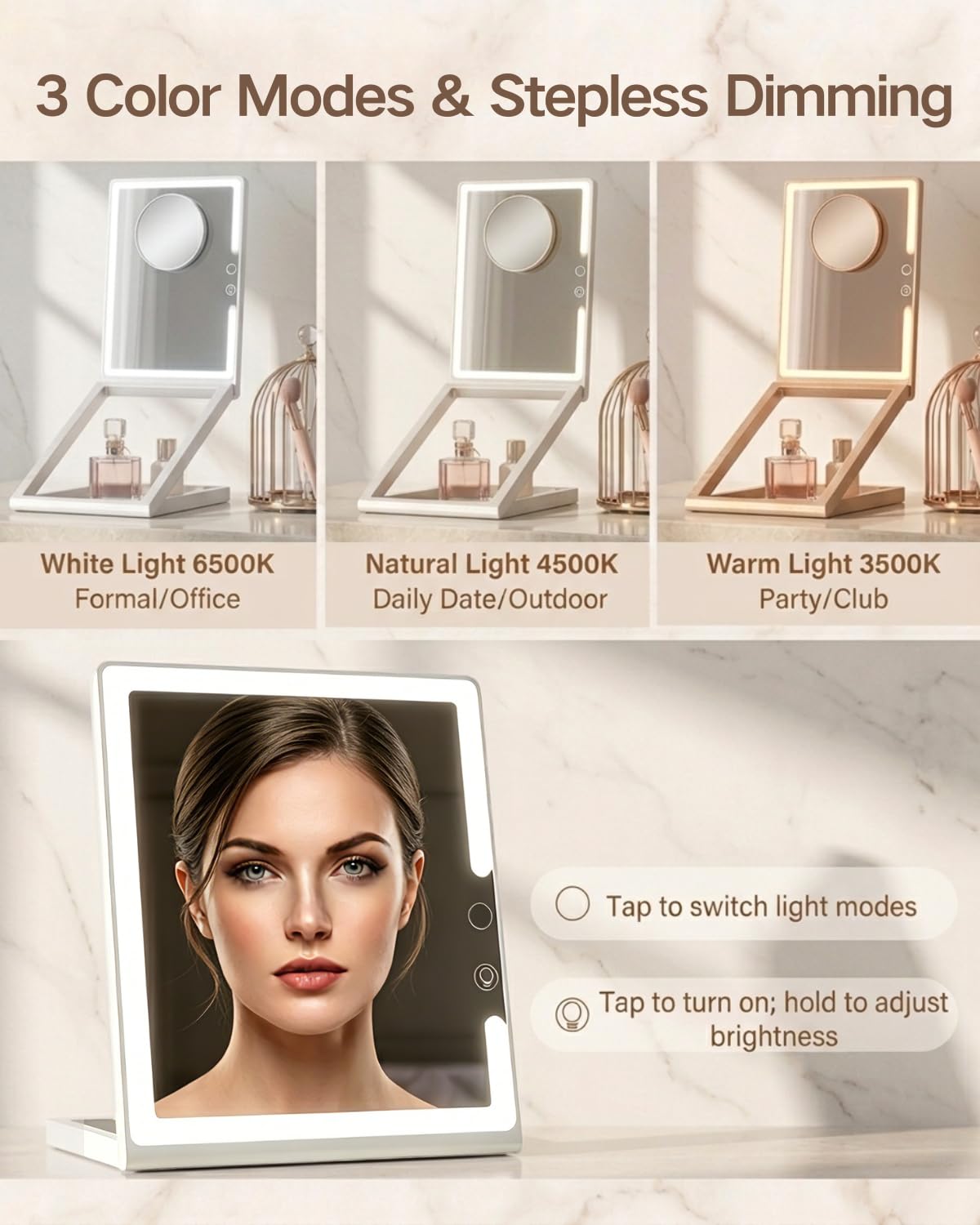 TOLOYE Makeup Mirror with Lights and Magnification 10X, Foldable Rechargeable Travel Led Makeup Mirror with Adjustable Stand, 3 Color Lights Stepless Dimming, Gifts for Women Wife Mom