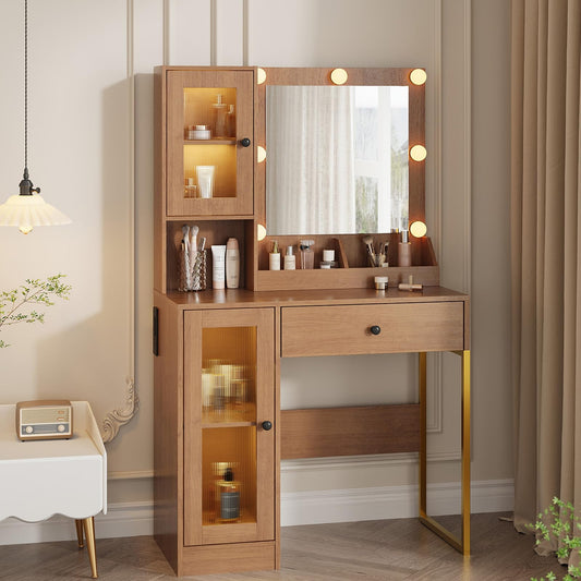 GAOMON Makeup Vanity Desk with LED Lights and Mirror, 3 Color Modes, Large Drawers & USB Charging Station, Dressing Table for Bedroom Decor, Pink (Wood)