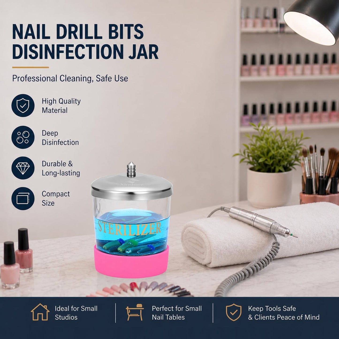 Xinshare Nail Tool Disinfectant Jar, 6Oz Glass Durable Manicure Pedicure Implements Sterilizer Container,Salon Storage & Organizer for Nail Art Tools Beauty Centers Equipment Cleaning,Hot Pink