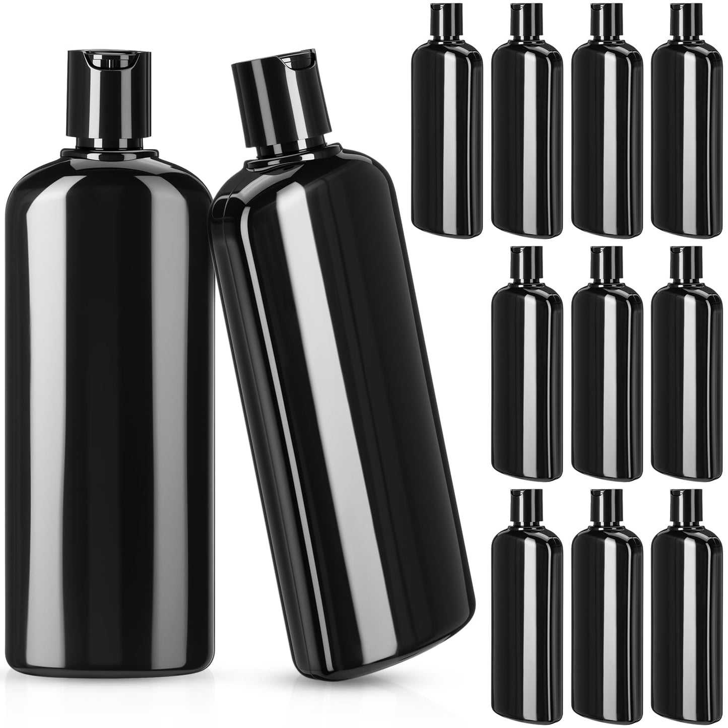 Domensi 12 Pcs Plastic Bottle Squeeze Containers with Disc Cap Travel Bottles Reusable Empty Toiletries Shampoo Containers Refillable Travel bottles for Shampoo Lotions (10oz,Pure Black)