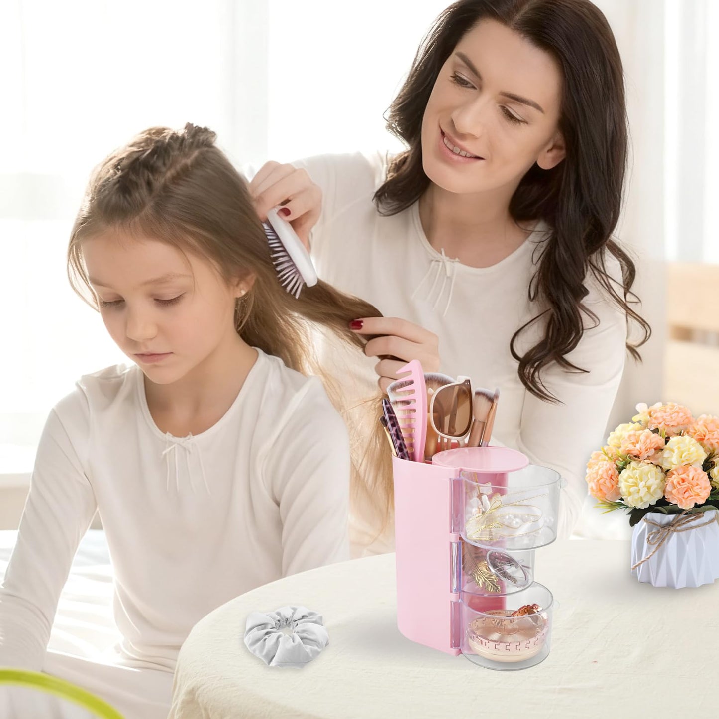 SHAIDOJIO 2Pack Hair Accessories Organizer with Hair Brushes Holder, 3-Tier Rotatable Drawer Makeup Brush Holder Small Jewelry Box with Sticker, Desktop Organizer Case for Girl Clip Earring Necklaces