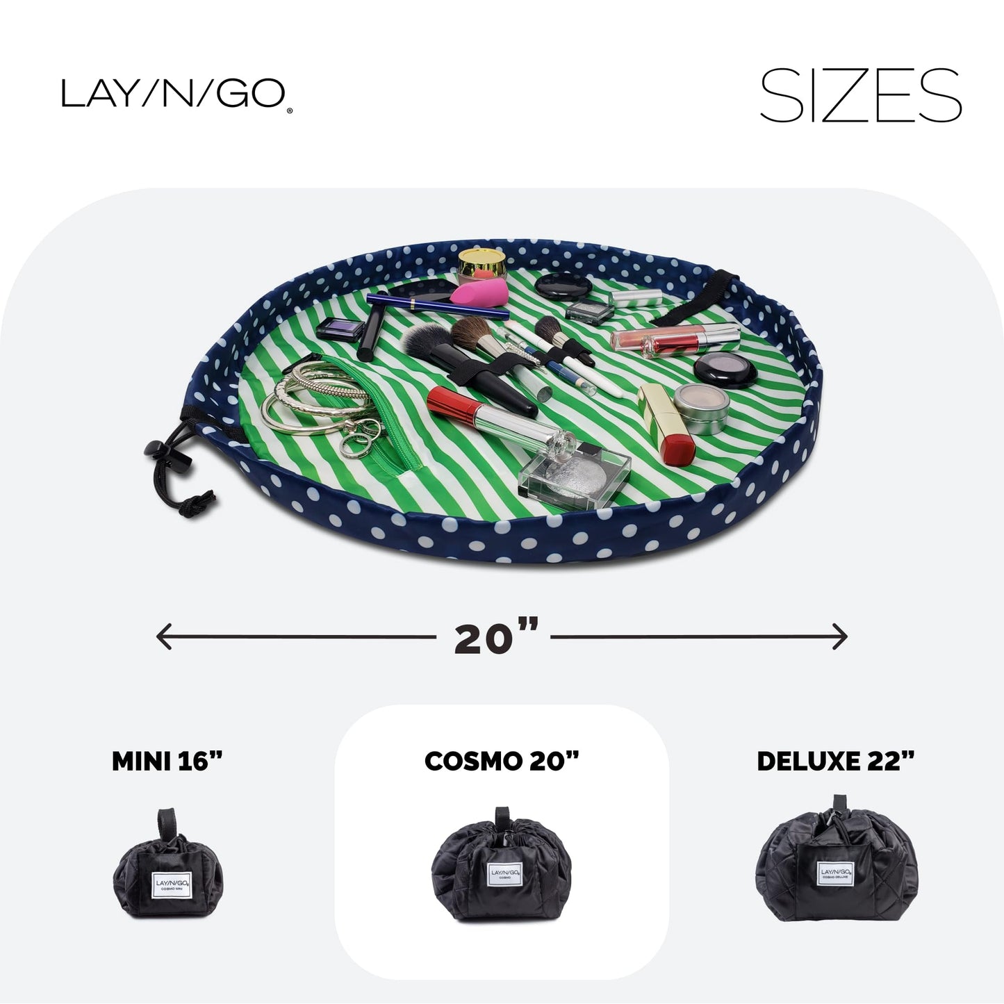 Lay-n-Go Cosmo Layflat Drawstring Cosmetic & Makeup Bag Organizer w/Zipper Pocket, Brush Loops & More, Cinch to Close, Lay Flat to Use, Durable, Machine Wash, Travel Toiletry Bag (20", Navy/Green)