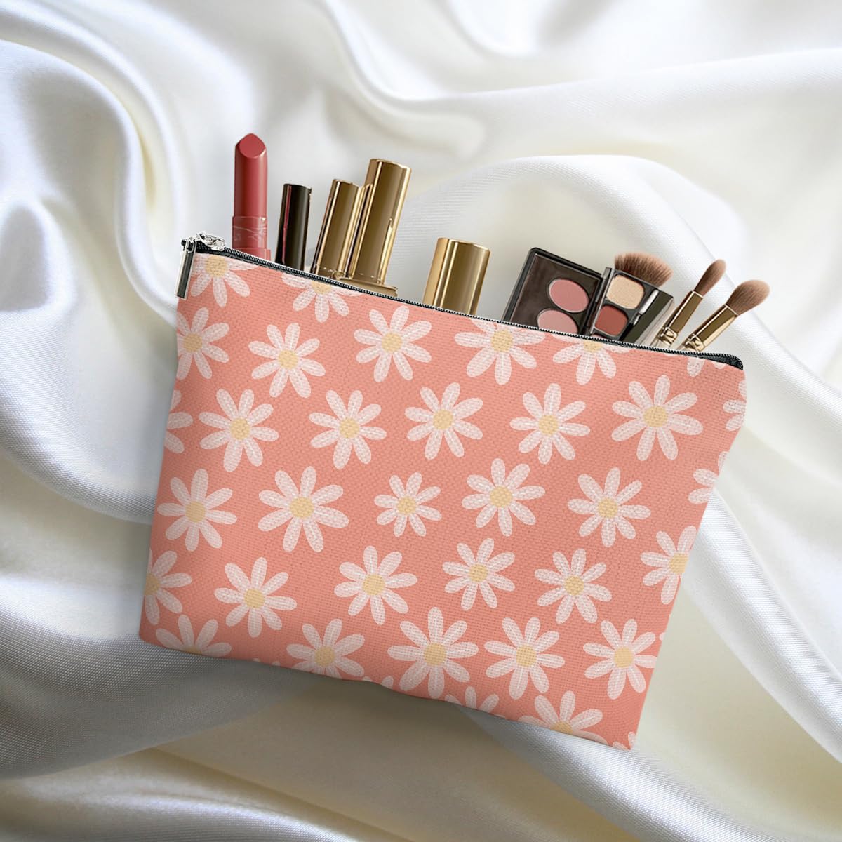 DHKG 4pcs Vintage Floral Makeup Bag, Daisy Flower Cosmetic Bag Garden Gifts for Women Female Girls Sister BFF Nature Lover, Travel Zipper Pouch Christmas Thanksgiving Birthday Gifts