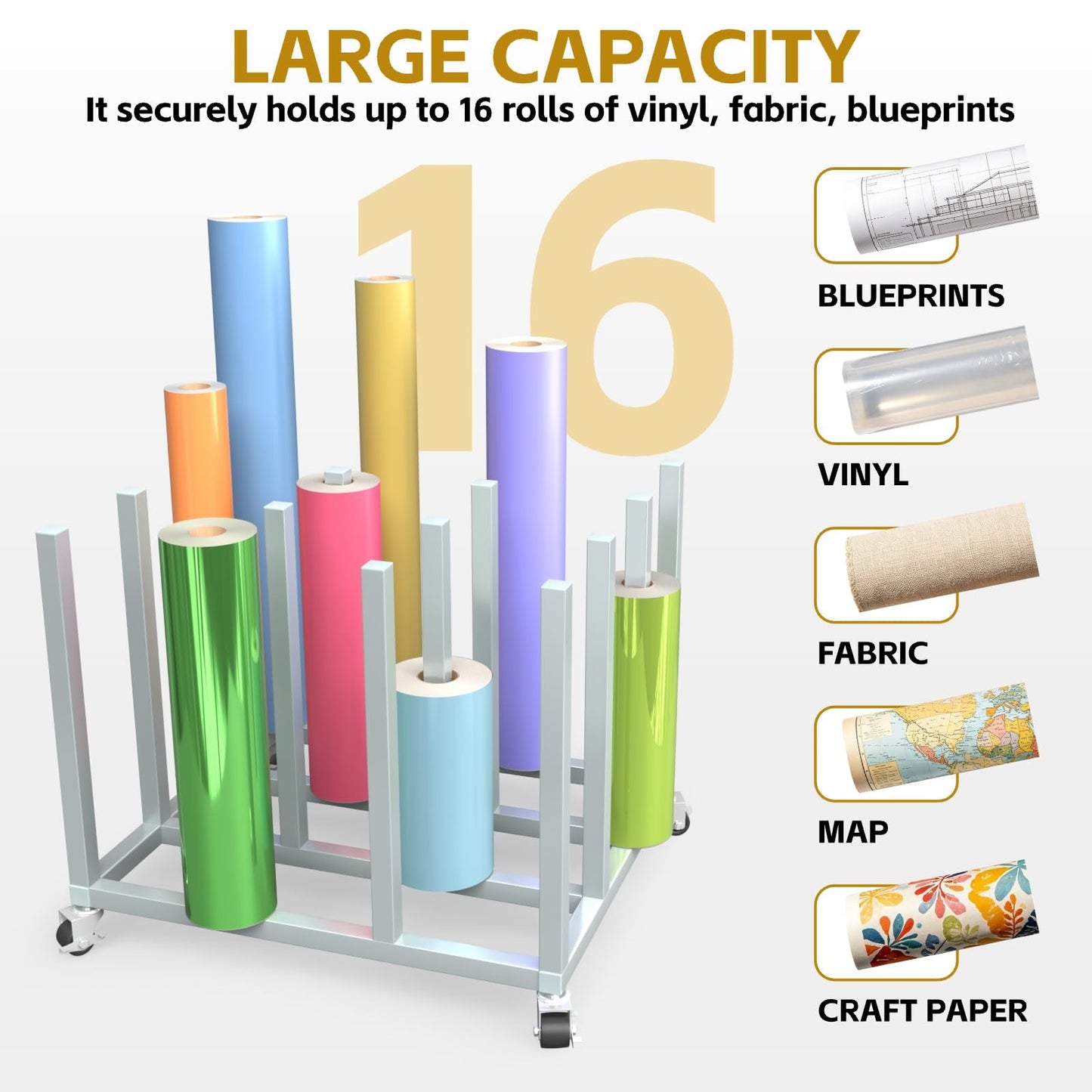 cernzard 16 Rolls Large Mobile Blueprint Storage Cart with 4 Lockable Wheels, Heavy-Duty Wrapping Paper Storage Cart for Vinyl Roll Wallpaper/Fabric/Butcher Paper Organization