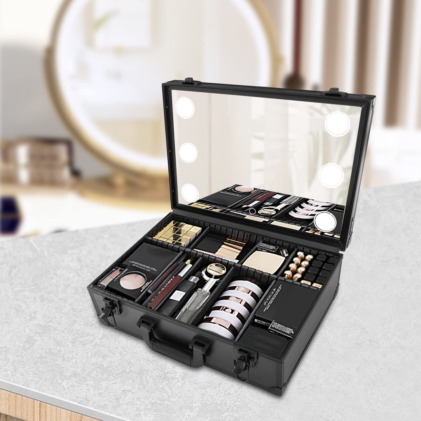 Fufiea Large Makeup Train Case with LED Mirror and Adjustable Dividers, Professional Cosmetic Organizer Box, 15lbs Capacity Waterproof Travel Case, Portable Black Makeup Suitcase for Artists