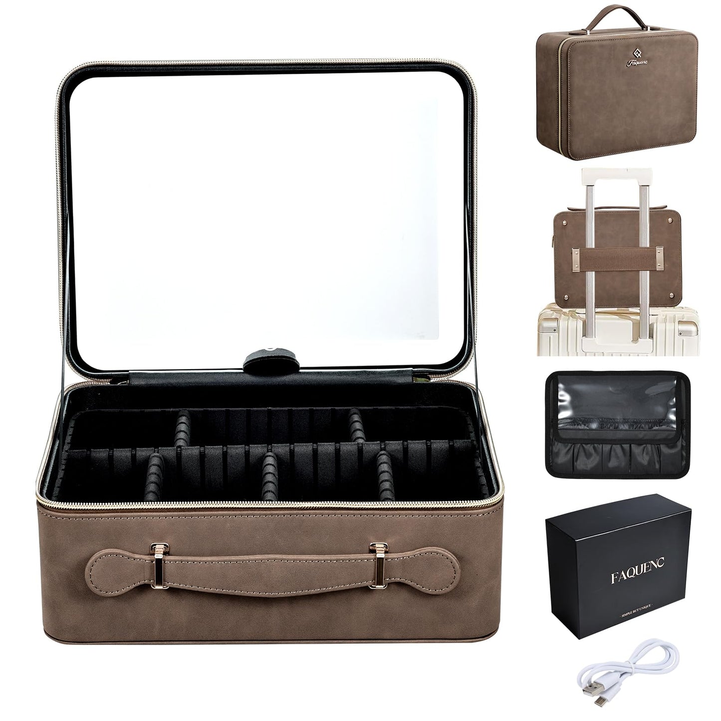 Faquenc Makeup Case with LED Lighted Mirror 11.4 Inch Travel Makeup Bag Adjustable Brightness in 3 Colors Cosmetic Organizer Artist Storage Bag with Dividers Brush Holder Bag Vanity Grey