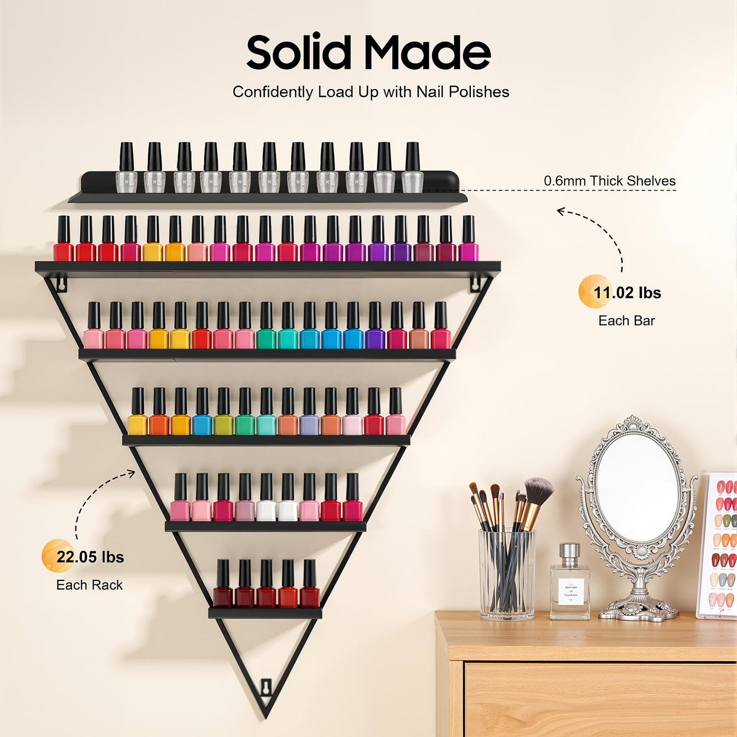 BANEBONE Elegant Gold Wall Mounted Nail Polish Rack - Set of 6 Triangular Cosmetic Display Shelves for Essential Oil Bottles, Organize Your Lipsticks and Perfumes in Style at Home or Salon (Black)