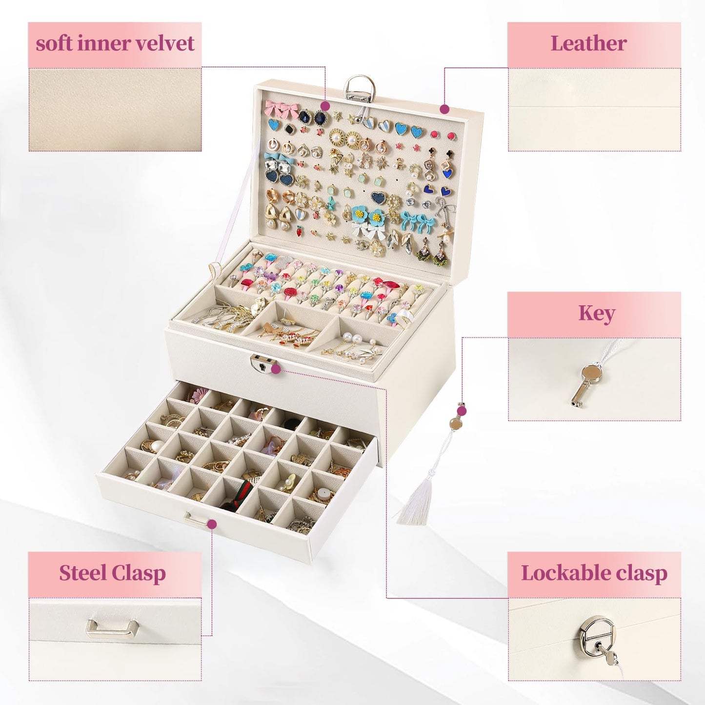 BOOVO Earring Jewelry Box For Women Girl Stud Organizer, 5 Layers Girl Jewelry Organizer Box With Lock Earring Holder Organizer Necklace Ring Jewelry Organizer Box For Girls (White, 5 layer)