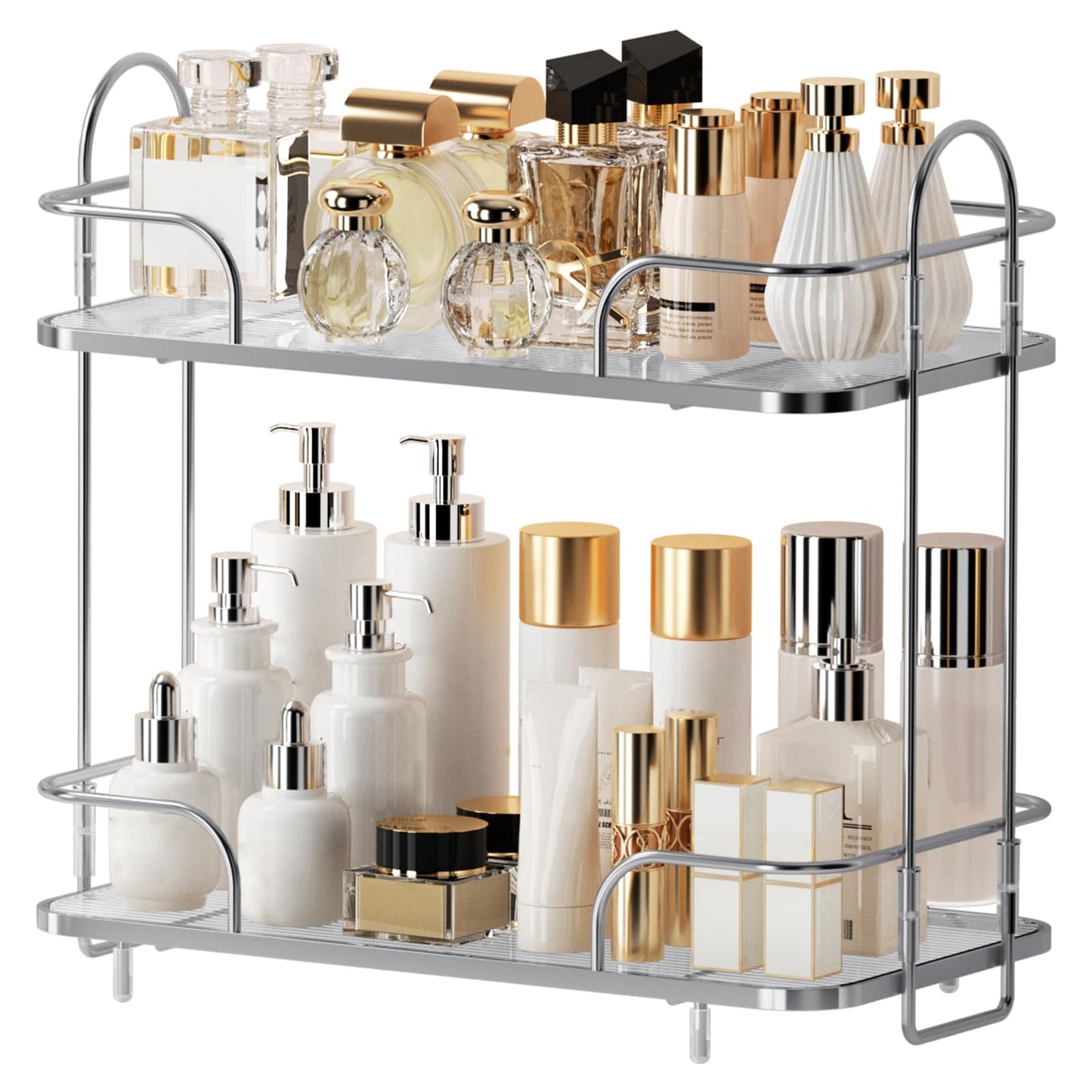 2 Tier Corner Bathroom Counter Organizer, Cosmetic Skincare ，Bathroom Countertop Perfume Tray Vanity, Kitchen Spice Corner Storage Shelf