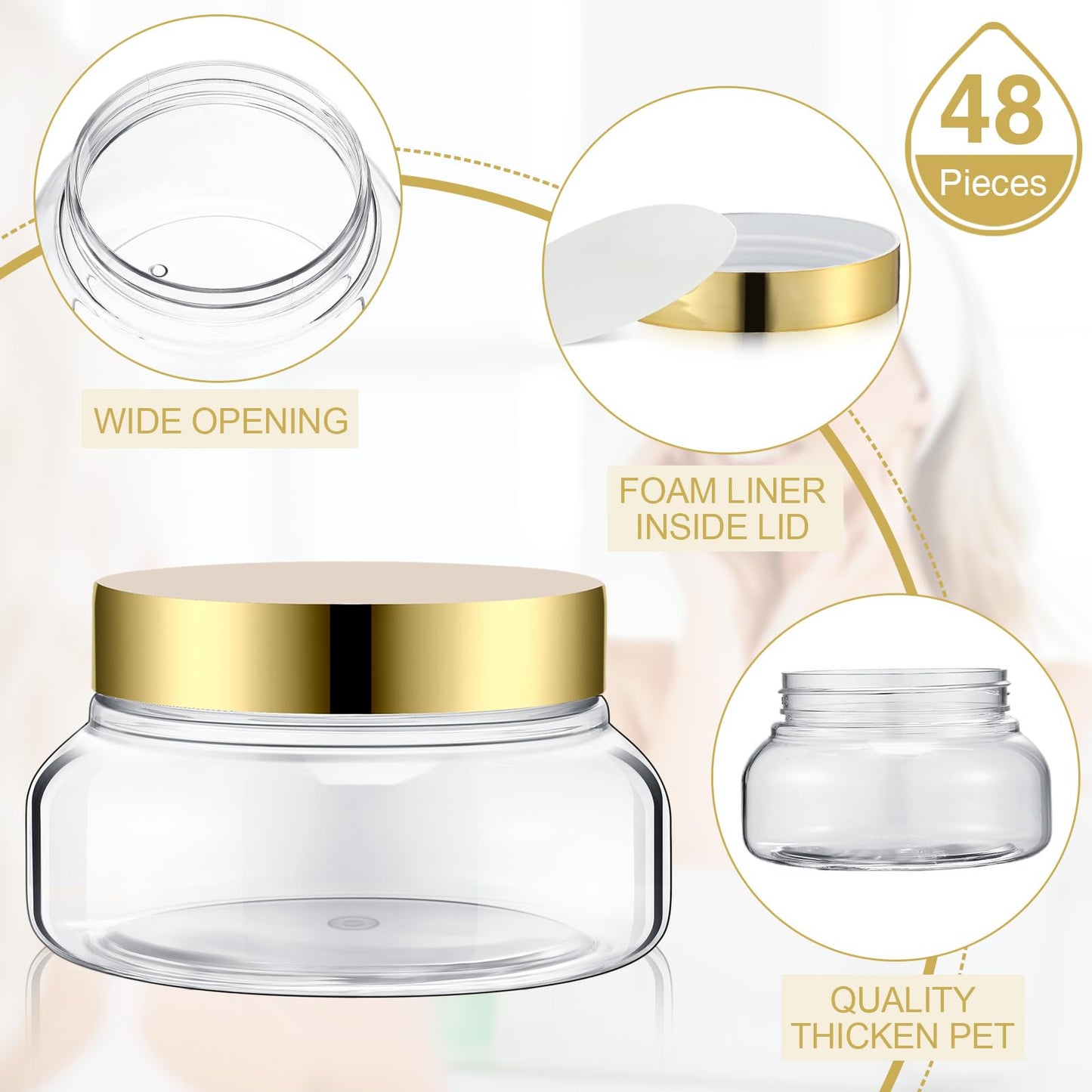 Mumufy 48pcs Plastic Jars with Lids Round Empty Containers Travel Containers for Creams Refillable Cosmetic Jars for Lotions Body Scrub Body Butter (5 oz,Gold,Clear)