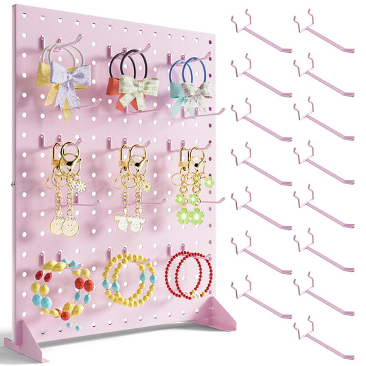 Pegboard Display Stand With 15 Peg Hooks for Retail Craft Shows & Fairs, Pink Metal Merchandise Display Rack for Selling Accessories, Display Stands for Boutique, Stores, Vendors & Events - 17x13Inch