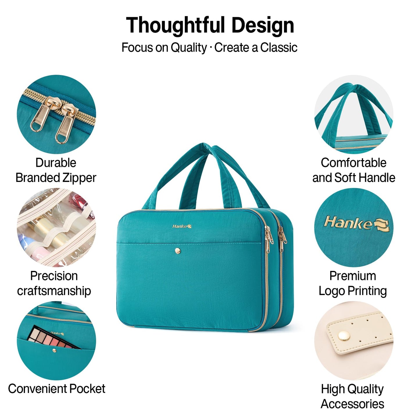 Hanke Hanging Travel Toiletry Bag for Women with Jewelry Organizer Compartment, Travel Essentials Toiletries and Makeup Bag, Water-Resistant & Stain-Resistant with Trolley Strap (Turquoise Green)