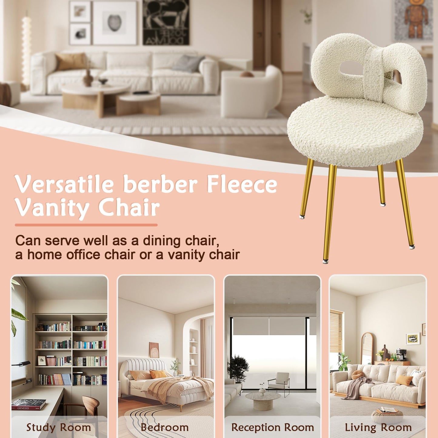 ROOMTEC Vanity Chair with Back, Swivel Makeup Chair with Upholstered and Golden Metal Legs for Living Bedroom and Makeup Room, Off-White