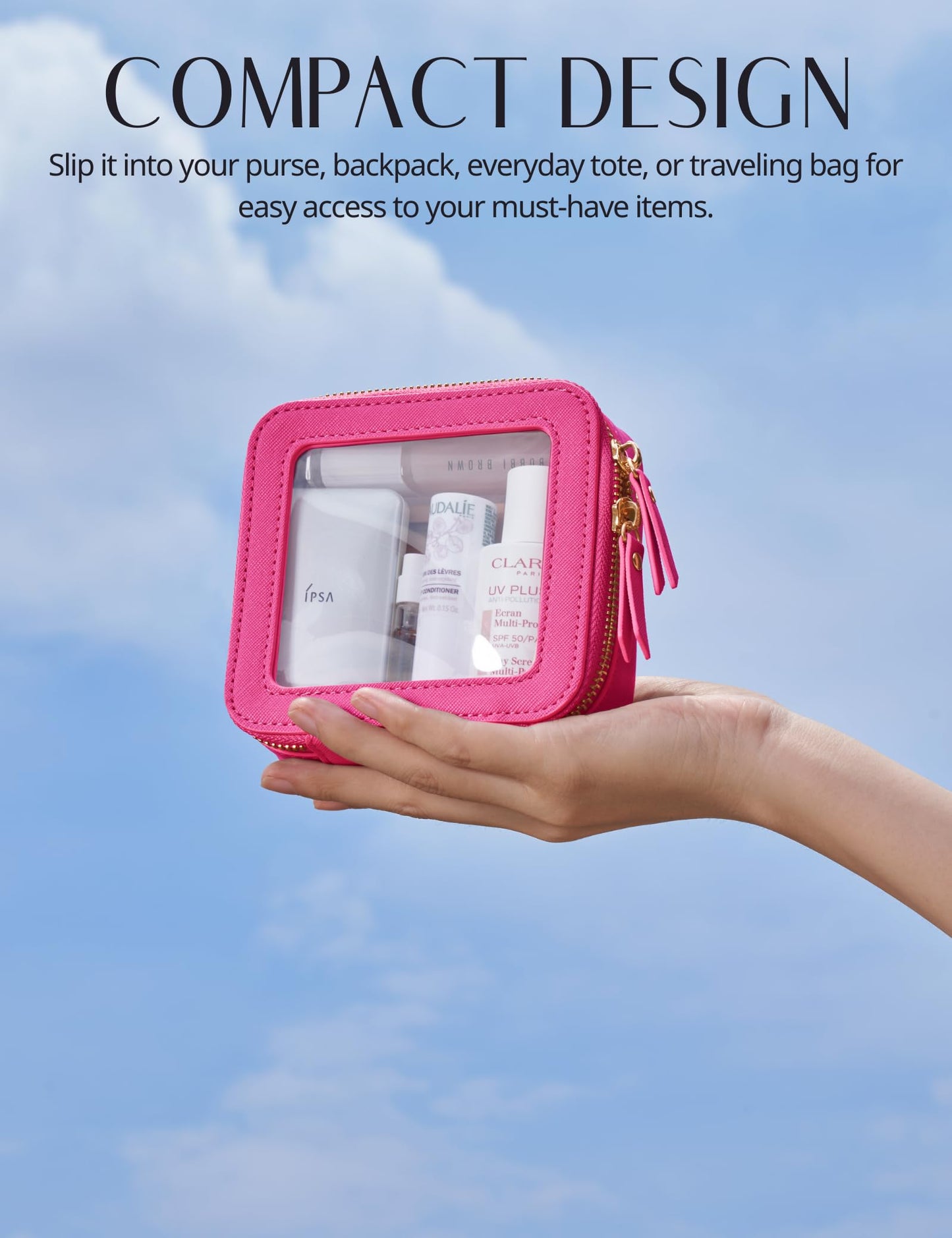 Popvibe Mini Makeup Bag Clear Small Travel Cosmetic Case Leather Cute Hot Pink Pouch for Purse Organizer Make Up Bag for Women Car Toiletry Bag with Zipper for School